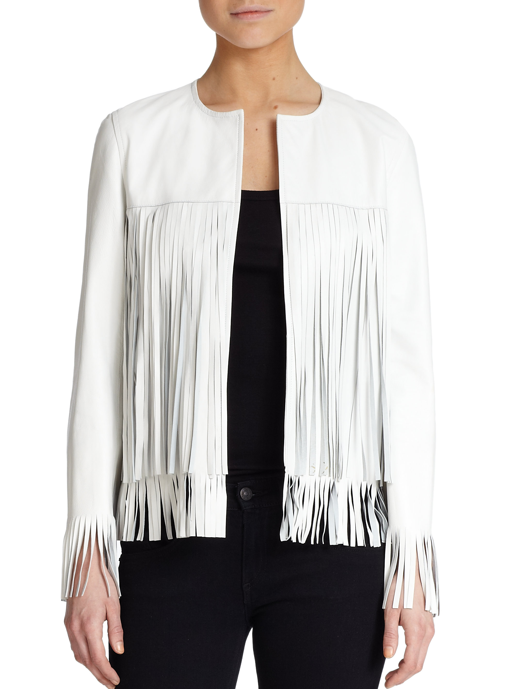 Theperfext April Fringe Trimmed Leather Jacket In White Lyst Gallery Previously Sold At Saks Fifth Avenue Women S Fringed Leather Jackets