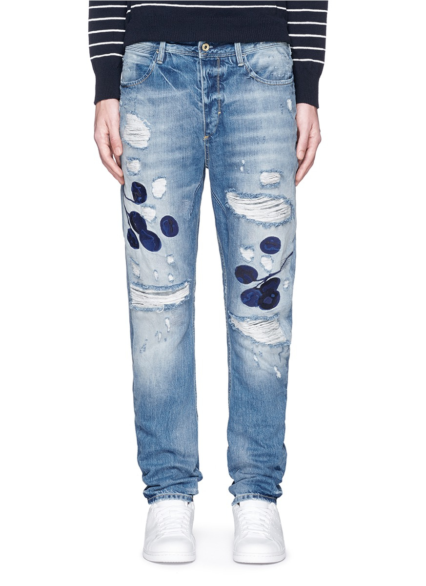 Cherry Embroidery Distressed Jeans 