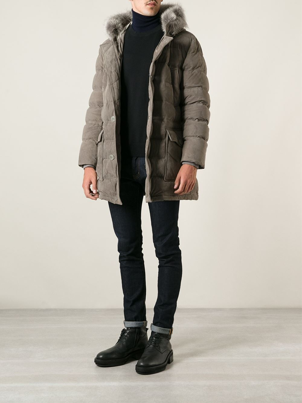Herno Coyote Fur Collar Padded Coat in Natural for Men | Lyst