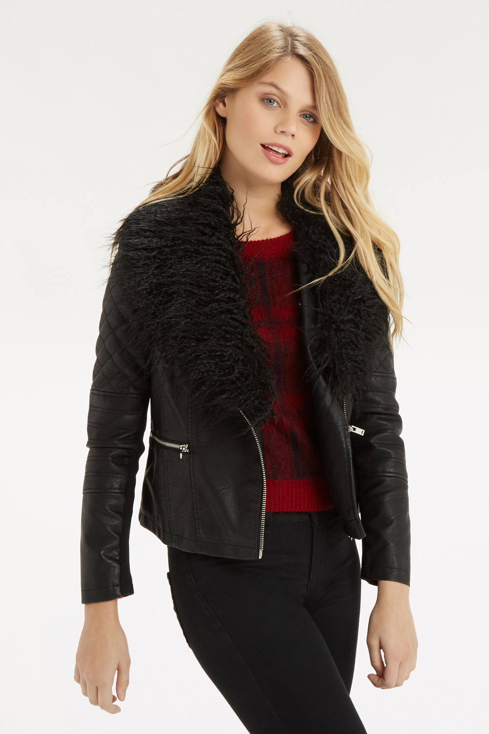 Oasis Detachable Faux Fur Collar Leather Jacket In Black Lyst Gallery