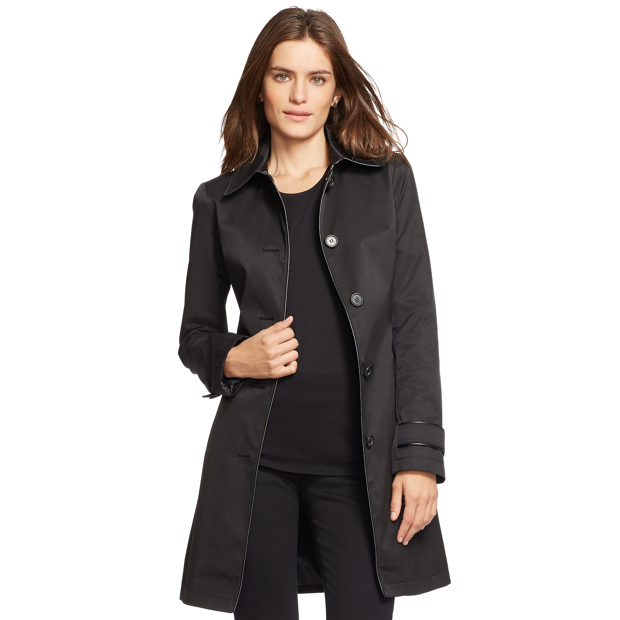 Pink Pony Faux Leather Trim Trench Coat In Black Lyst Gallery