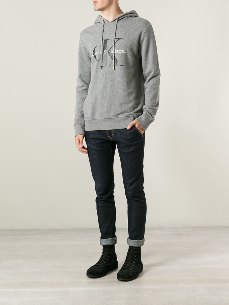 Calvin Klein Logo Print Hoodie in Gray for Men | Lyst