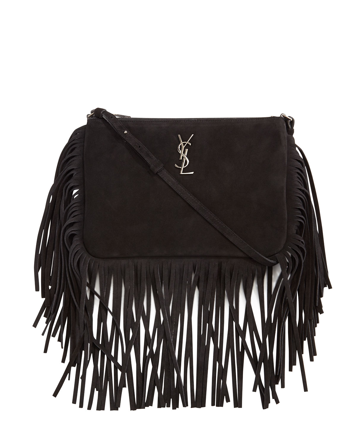 Saint laurent Monogram Fringed-Suede Cross-Body Bag in Black | Lyst