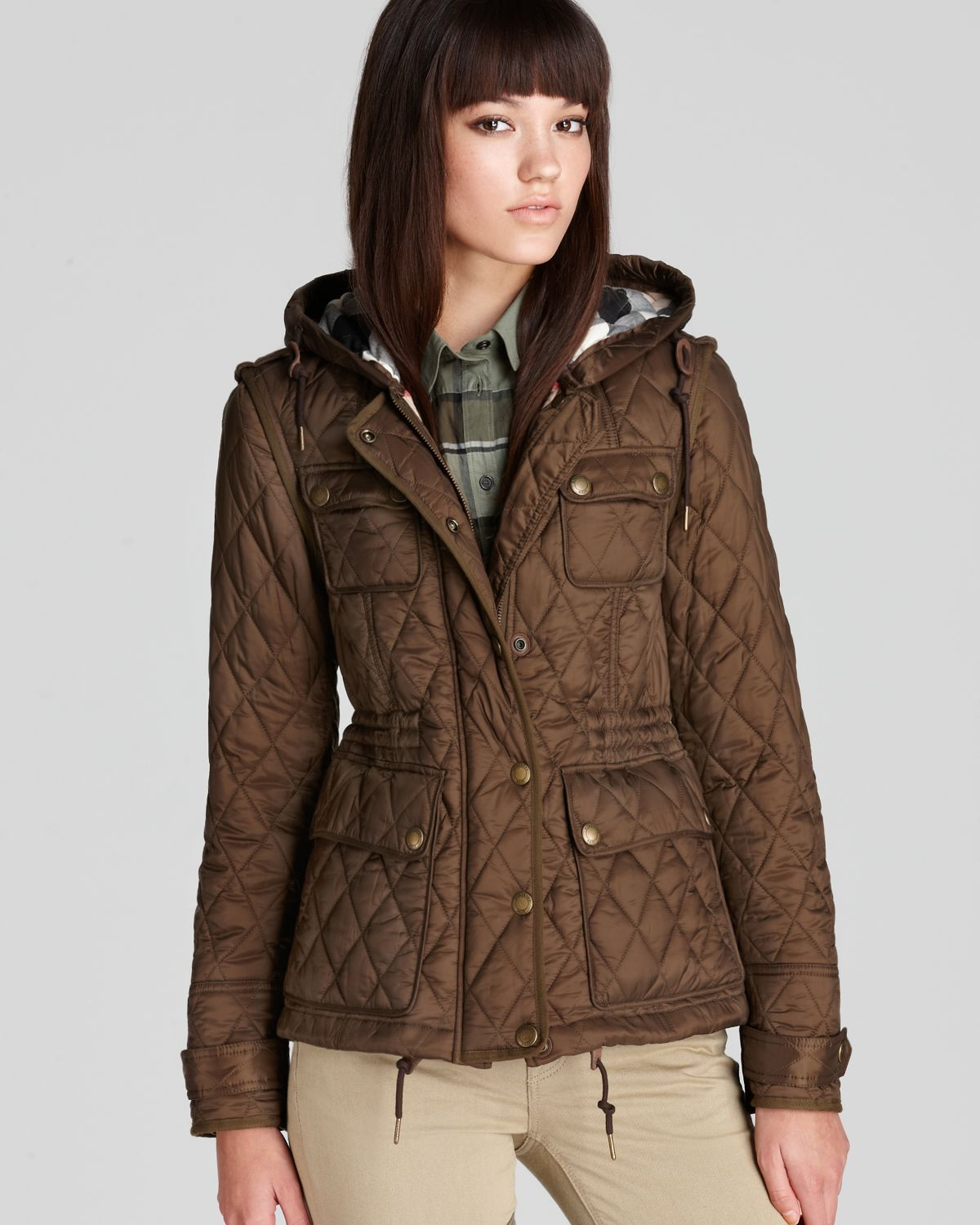 Hooded Quilted Jacket in Khaki Green 