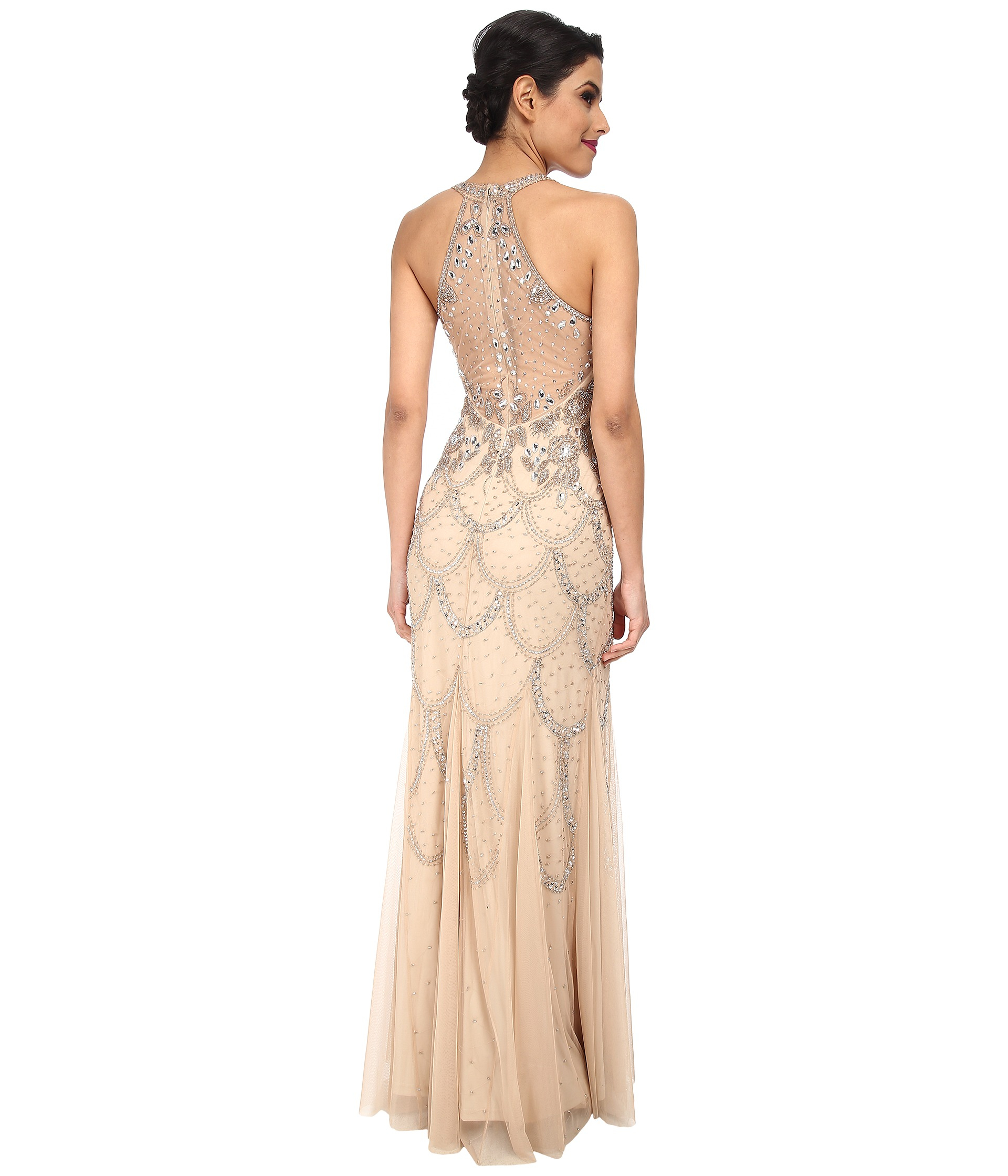 Adrianna Papell Halter Fully Beaded Gown in Natural | Lyst