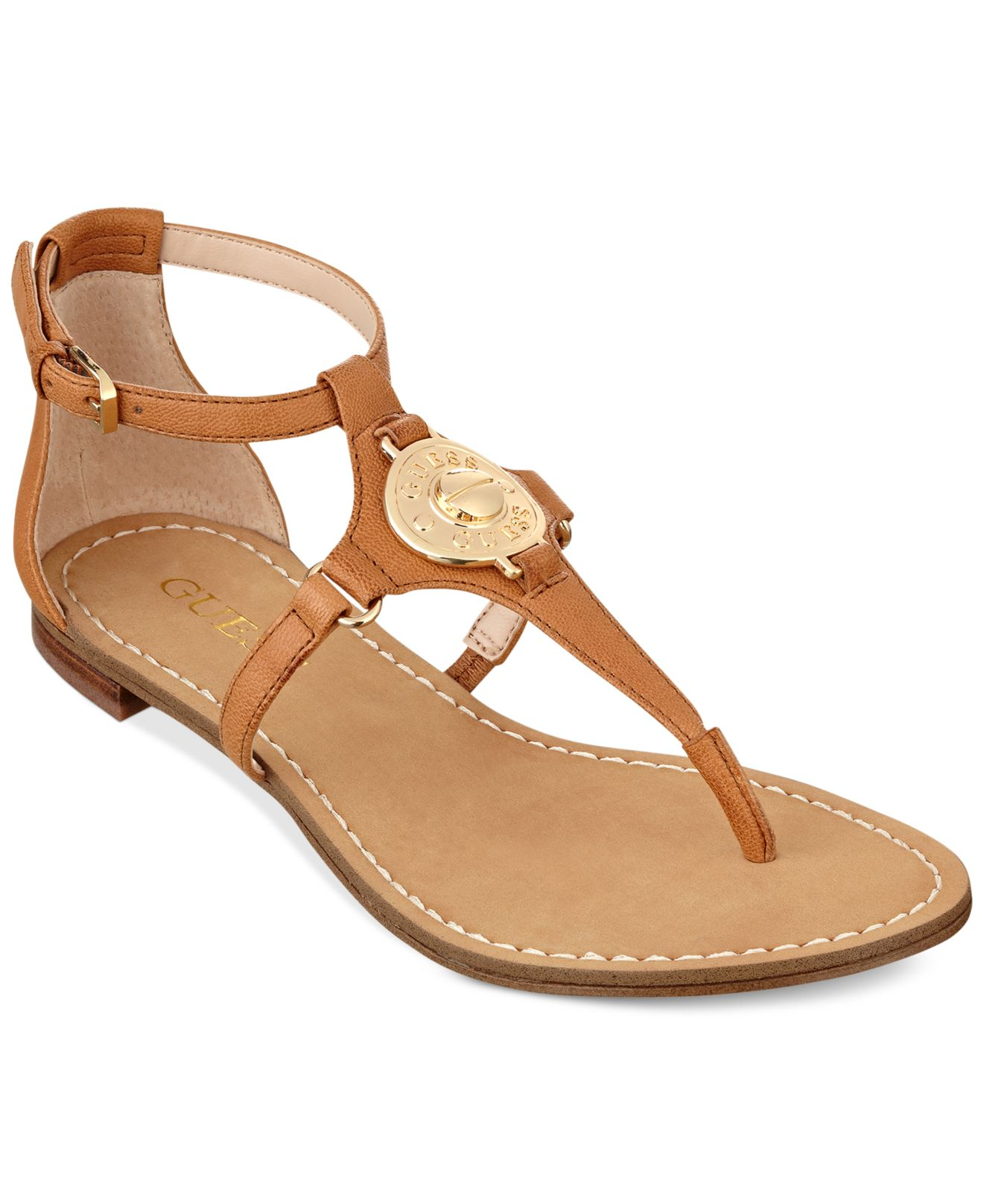 Lyst - Guess Women'S Rafiya T-Strap Flat Sandals in Brown