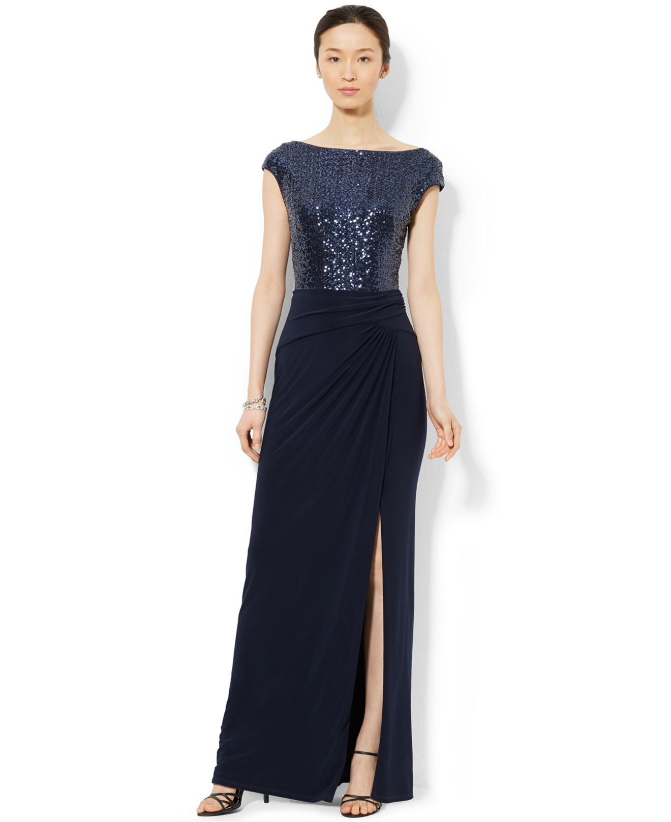 Lauren by ralph lauren Sequined Boat-Neck Dress in Blue | Lyst