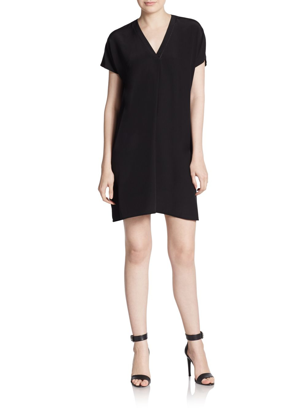 Vince V neck Silk Shift Dress in Black Lyst