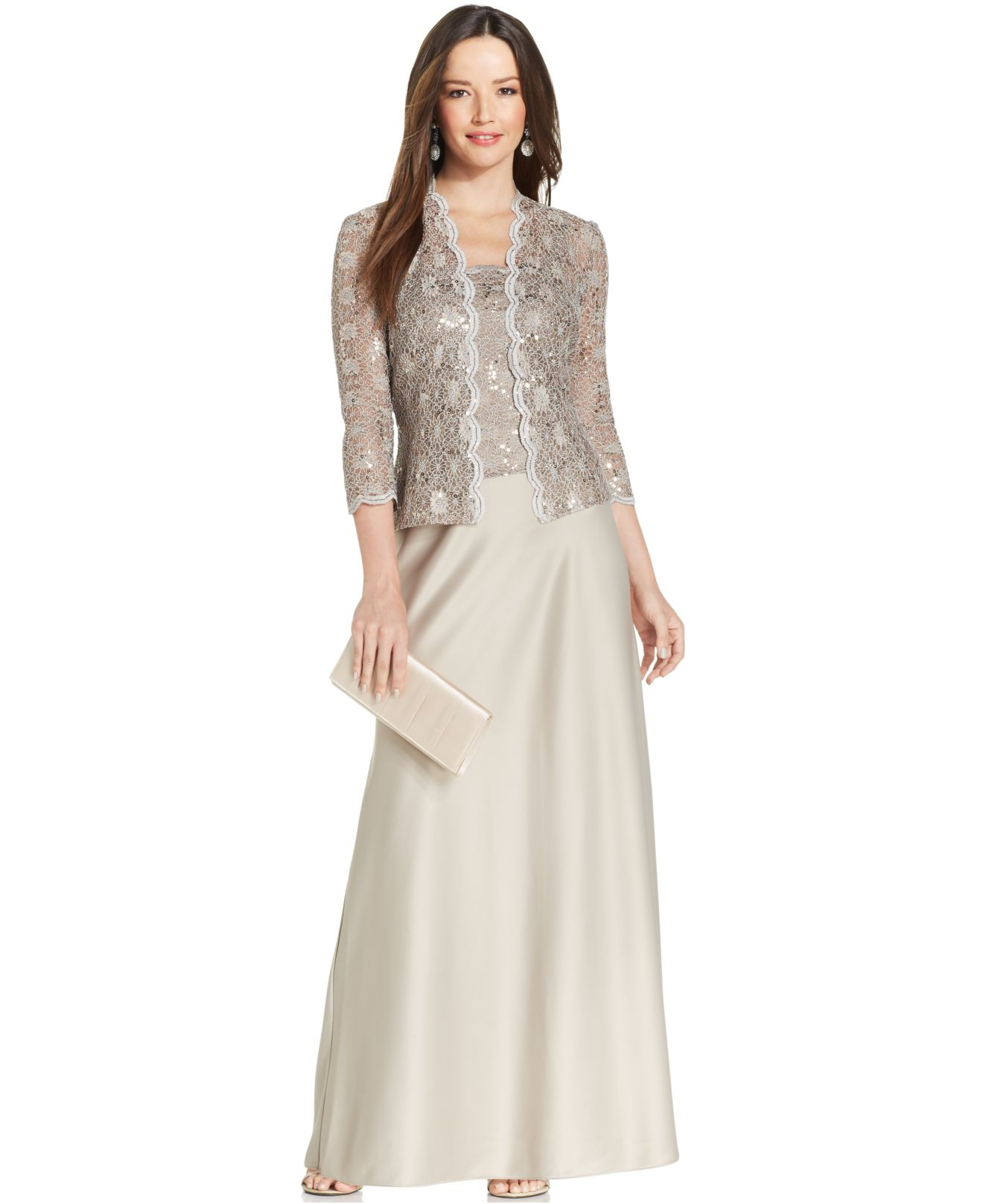 Alex evenings Sequin-lace Satin Gown And Jacket in Gold (Champagne) | Lyst