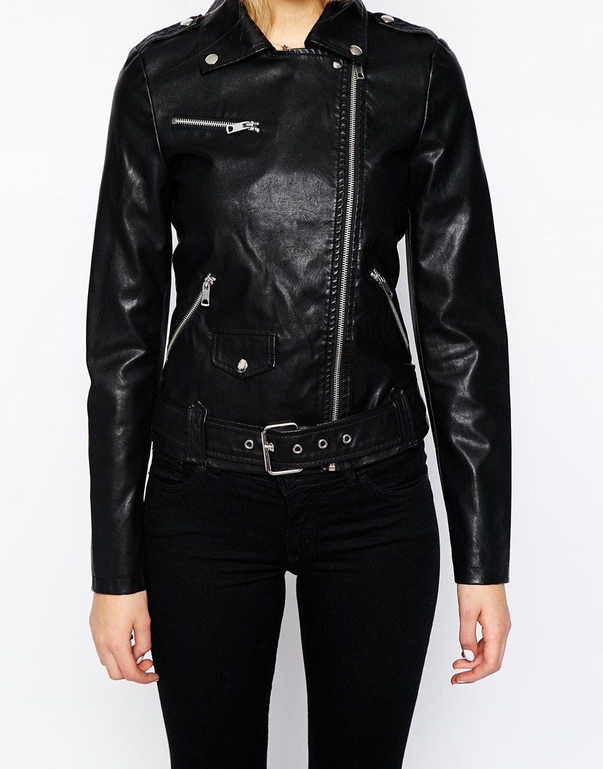 Vero Moda Belted Leather Look Biker Jacket in Black - Lyst
