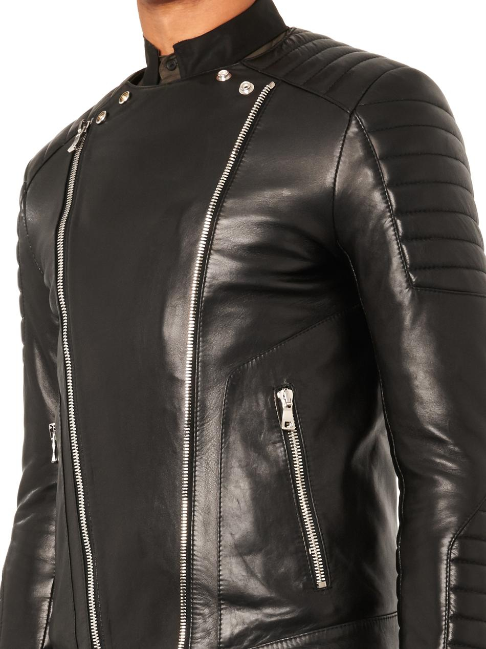 Balmain Black Classic Leather Biker Jacket For Men