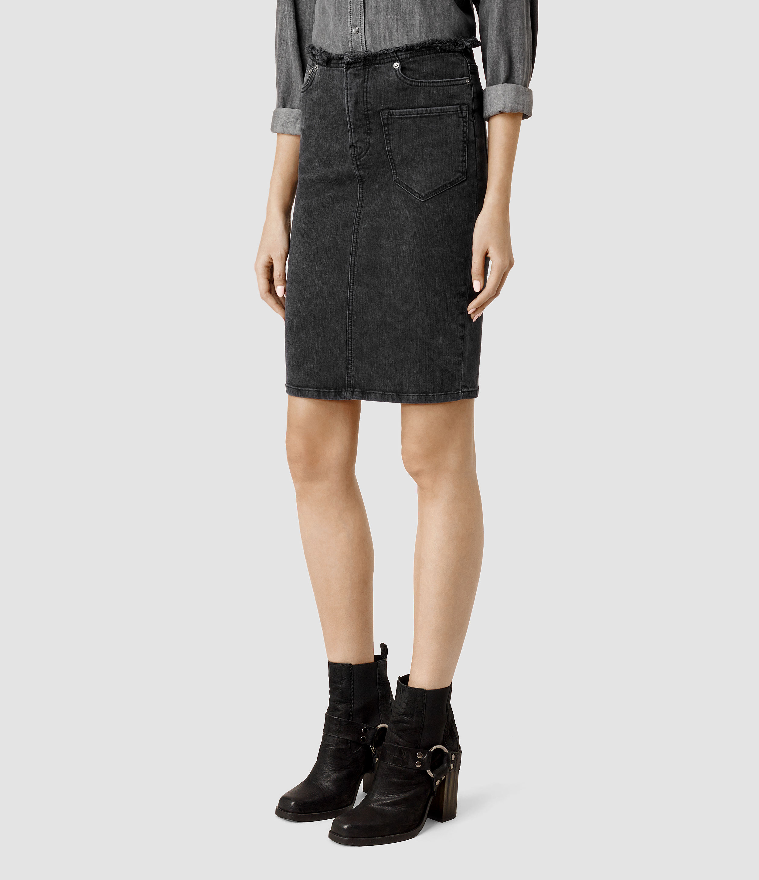 all saints black denim skirt