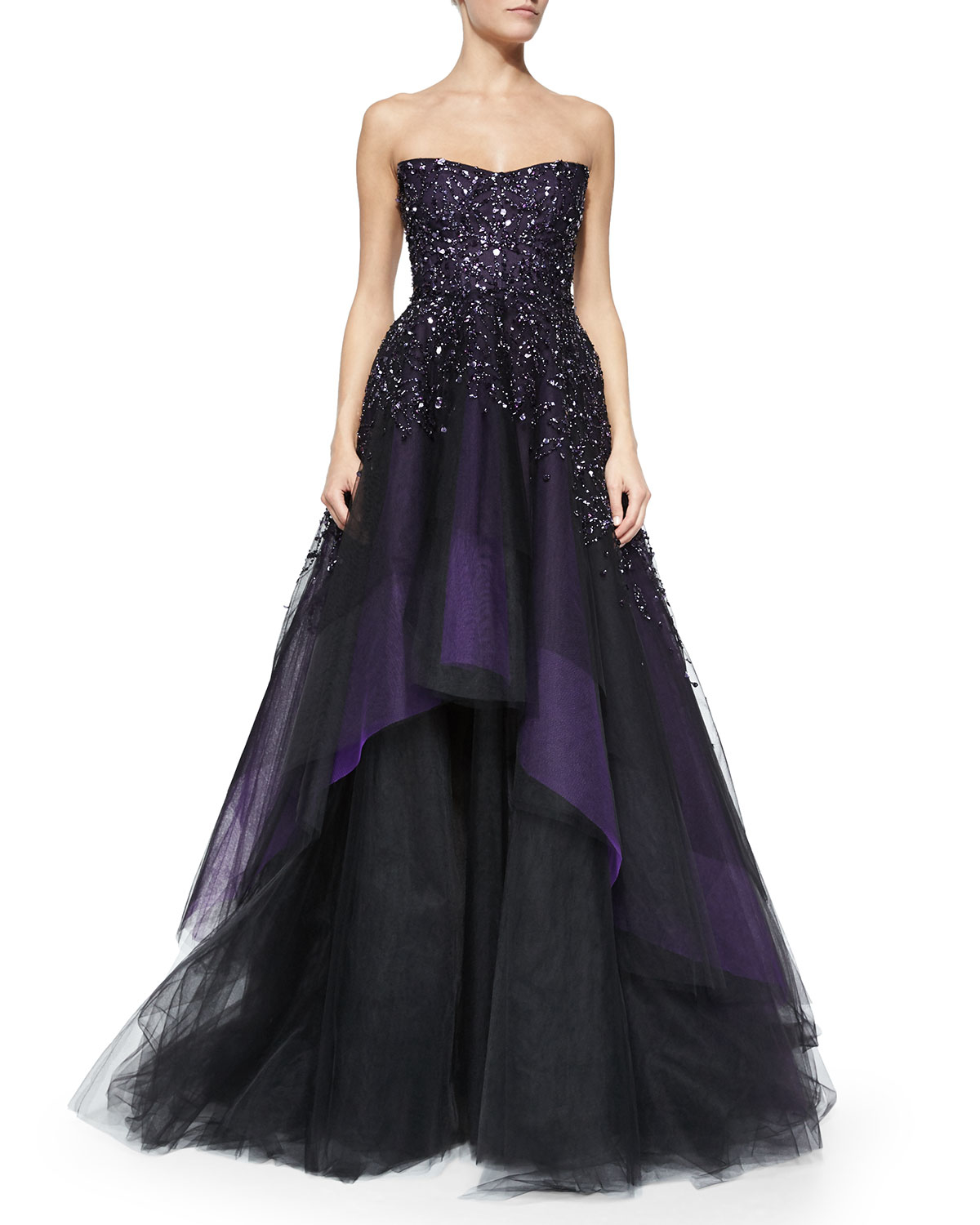 Monique lhuillier Strapless Degrade Embroidered Ball Gown in Purple | Lyst