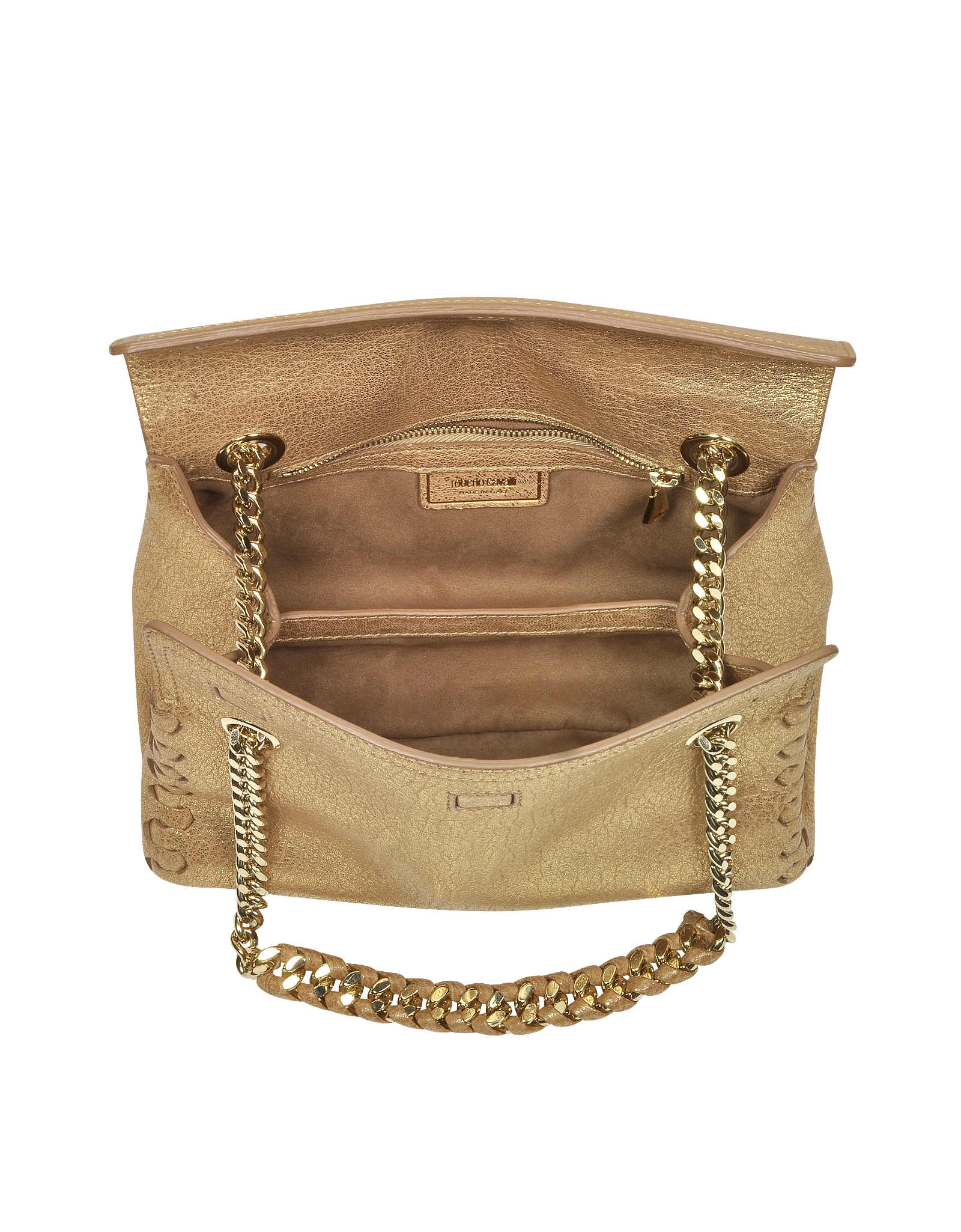 Roberto cavalli Gold Laminated Leather Crossbody Bag W/Chain Strap in Gold | Lyst