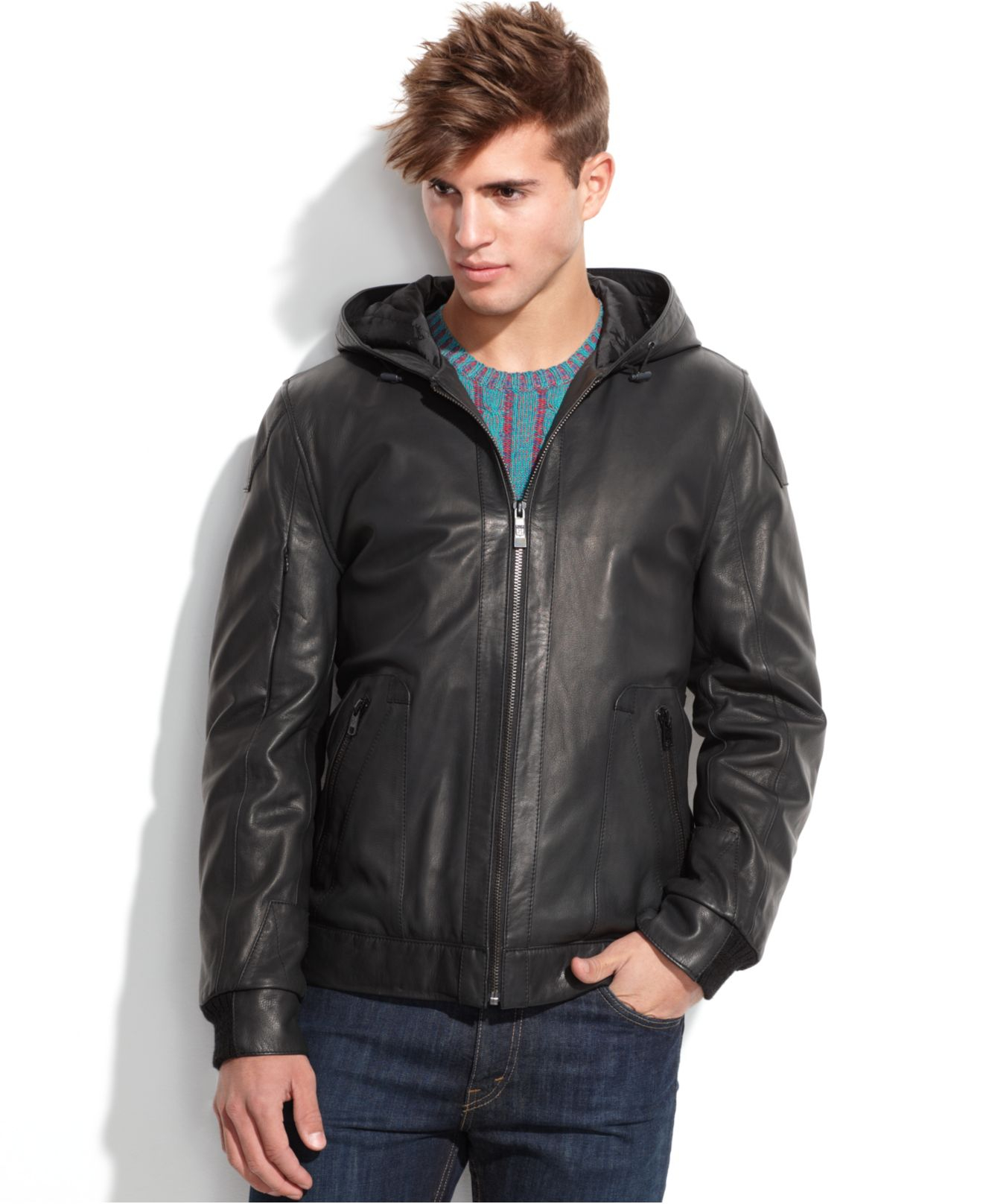 Lyst - Vince Camuto Hooded Washed Goat Leather Jacket in Gray for Men