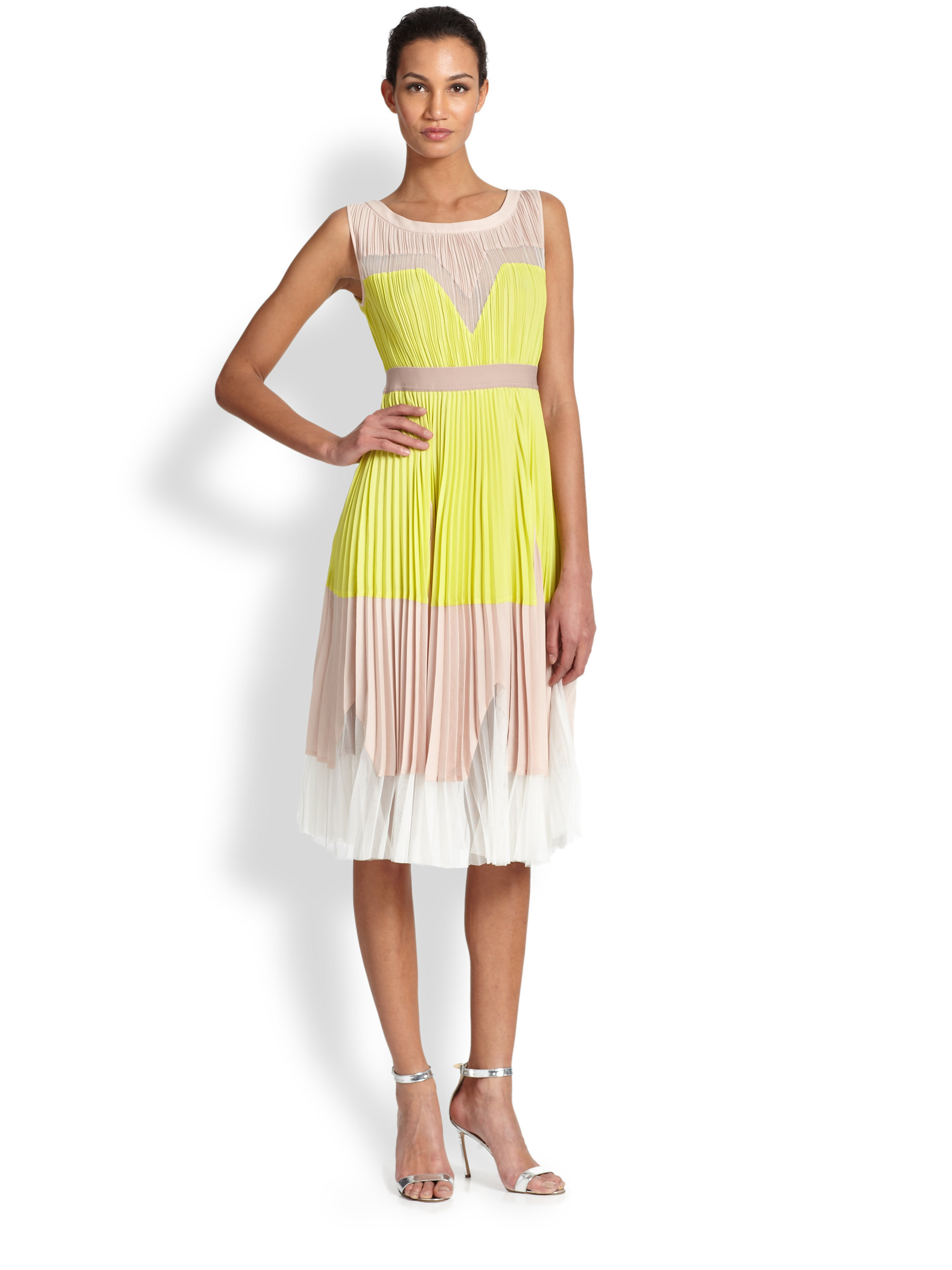 BCBGMAXAZRIA Lucea Pleated Colorblock Dress in Yellow | Lyst