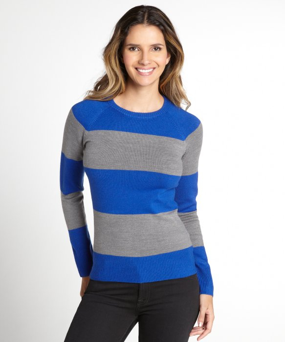 French connection Electric Blue and Grey Striped Crewneck Sweater in