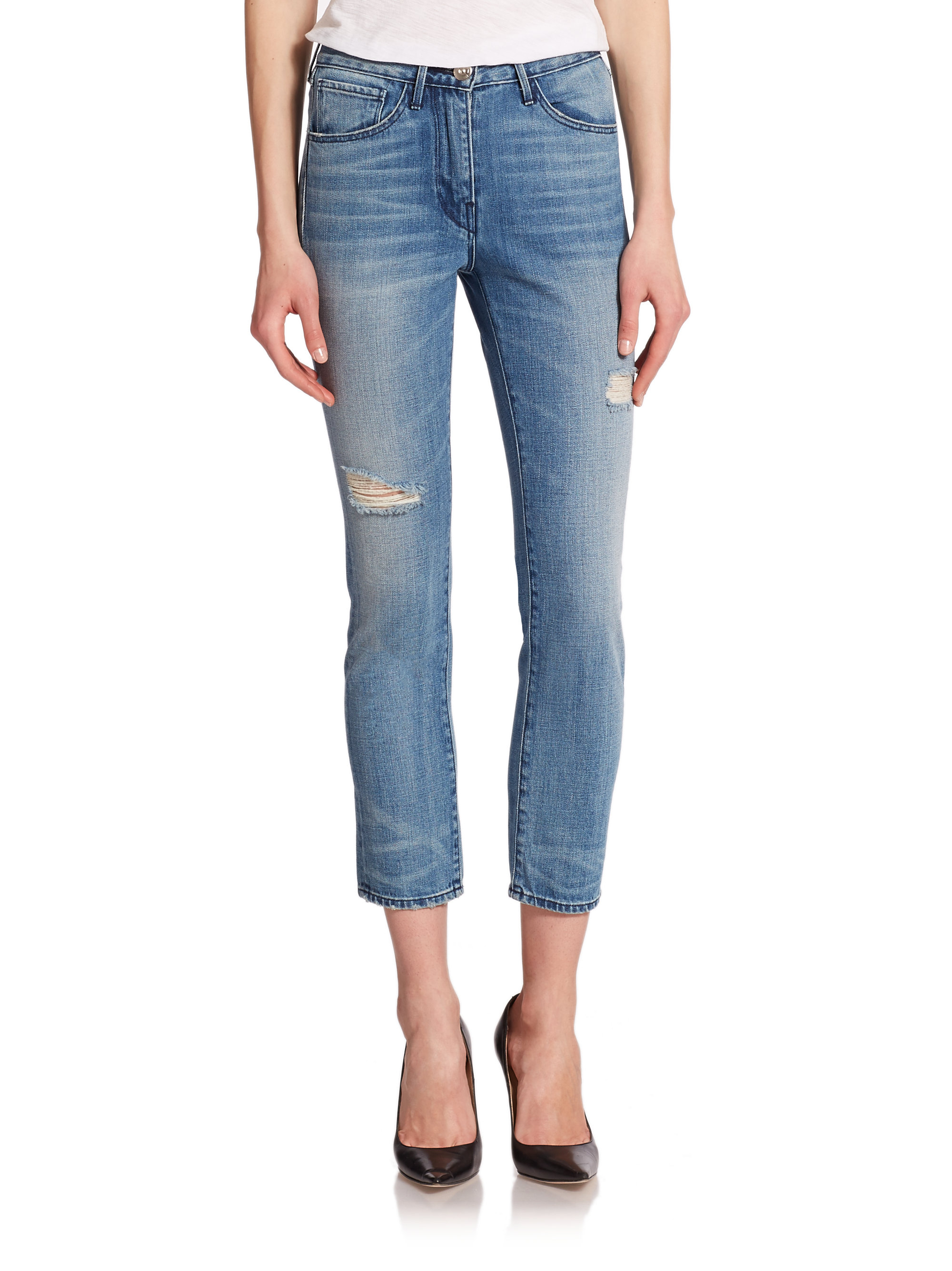 Lyst - 3X1 High-rise Distressed Straight-leg Jeans in Blue