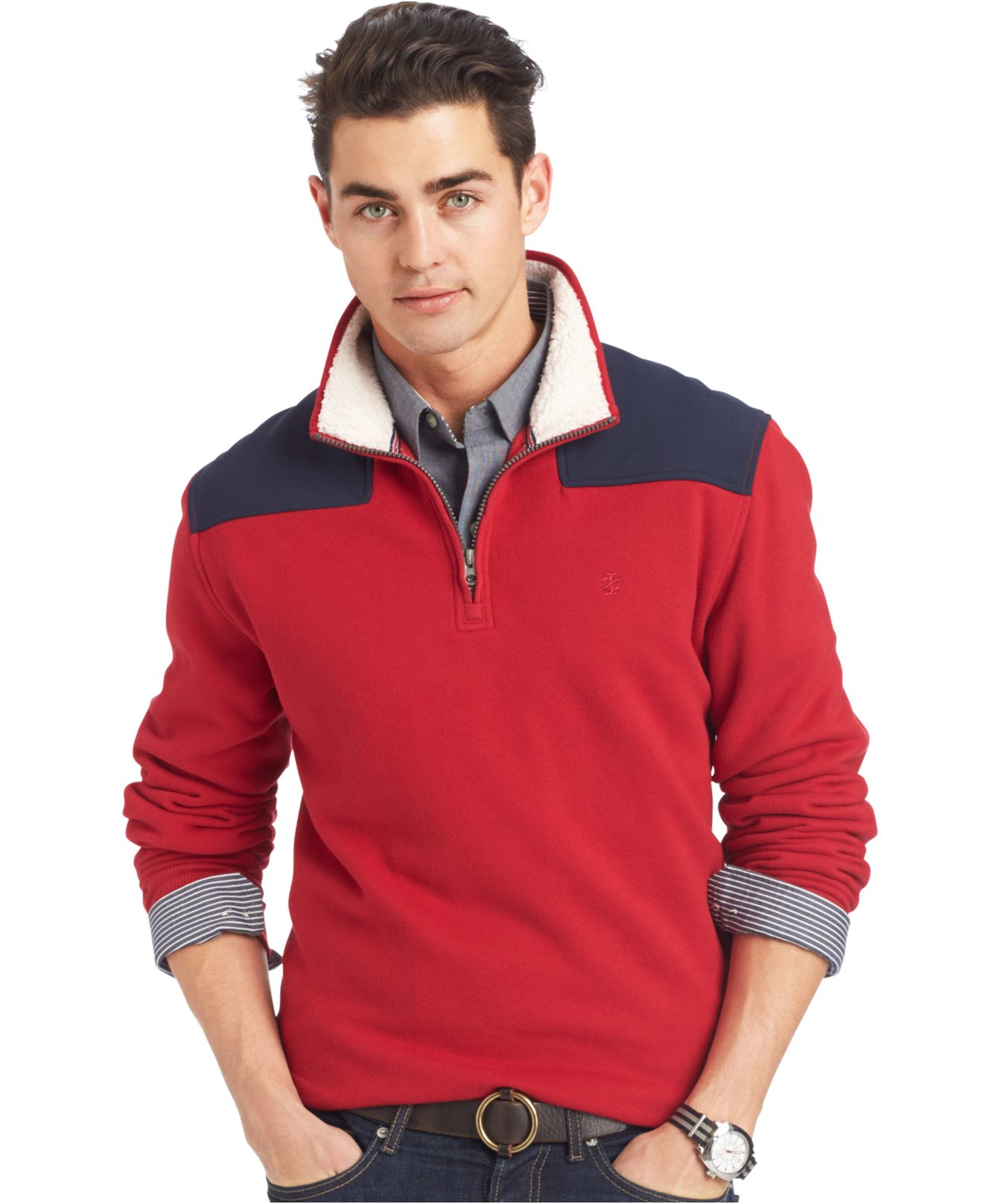 Lyst - Izod Mock-neck Colorblocked Quarter-zip Fleece Sweater in Red ...