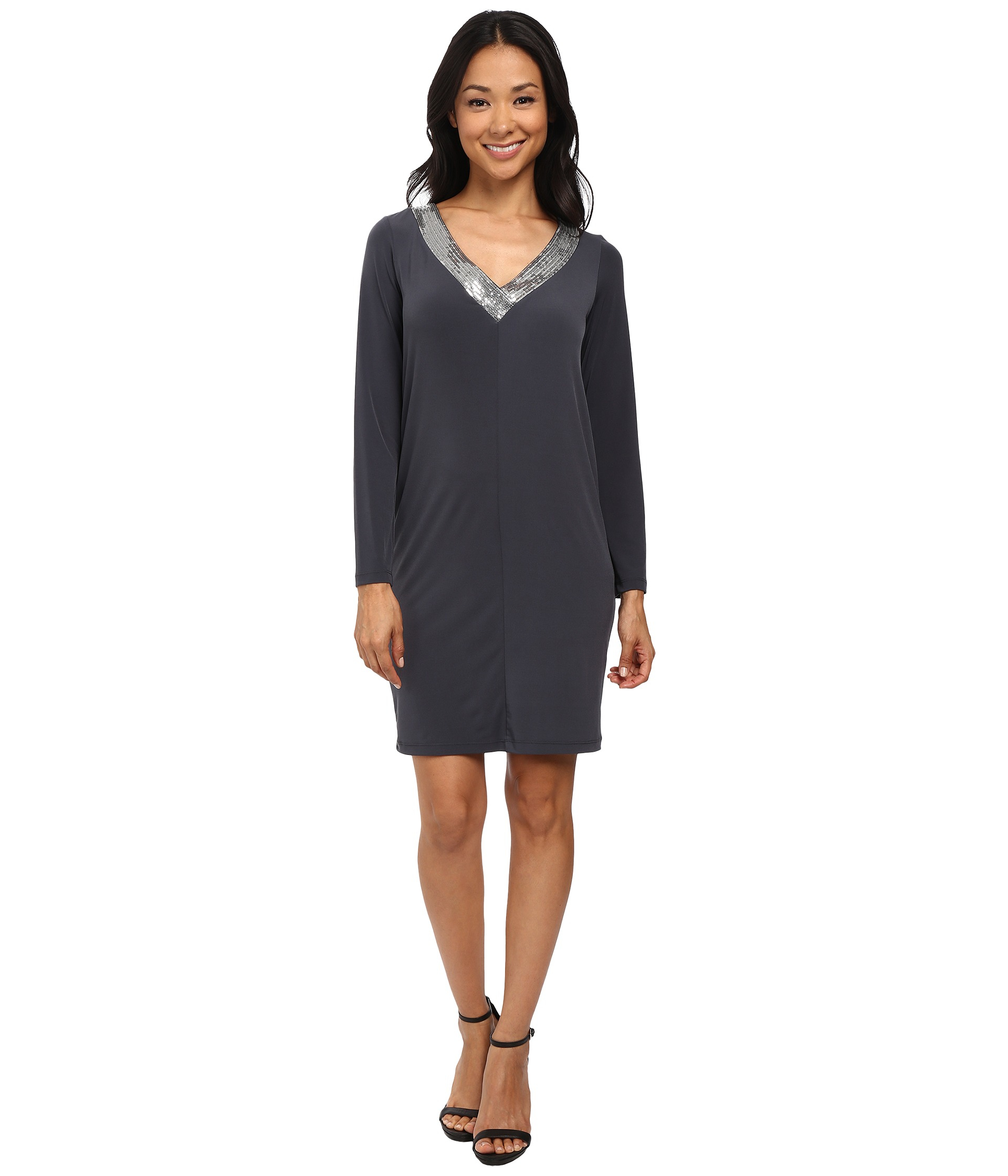 Download Lyst - Calvin klein Long Sleeve Jersey Dress With Sequin ...