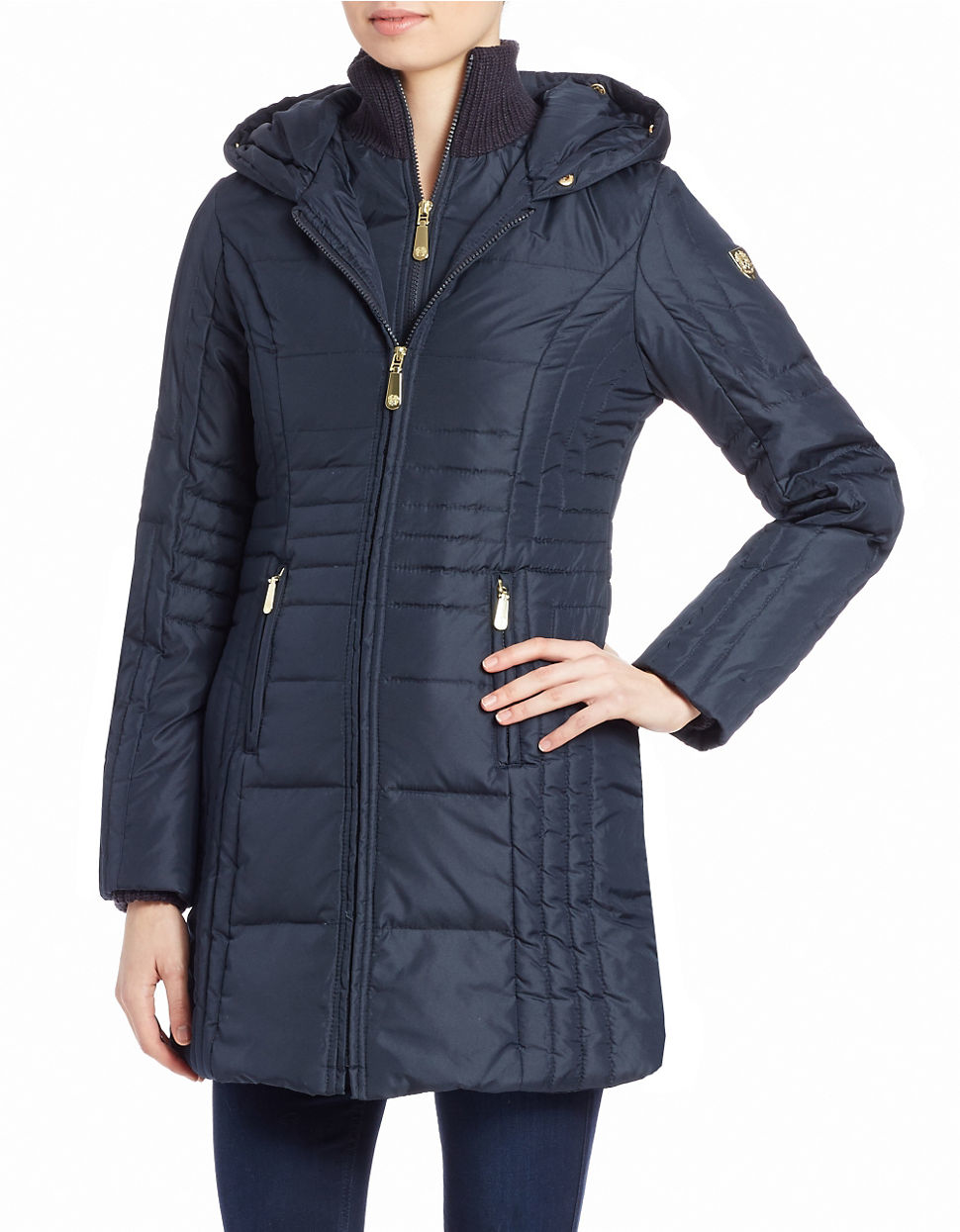 Lyst Vince Camuto Faux Furhooded Puffer Coat in Blue