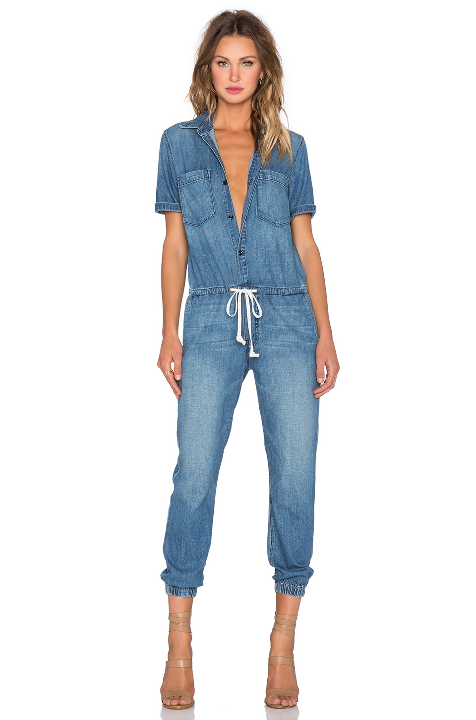 short sleeved denim jumpsuit