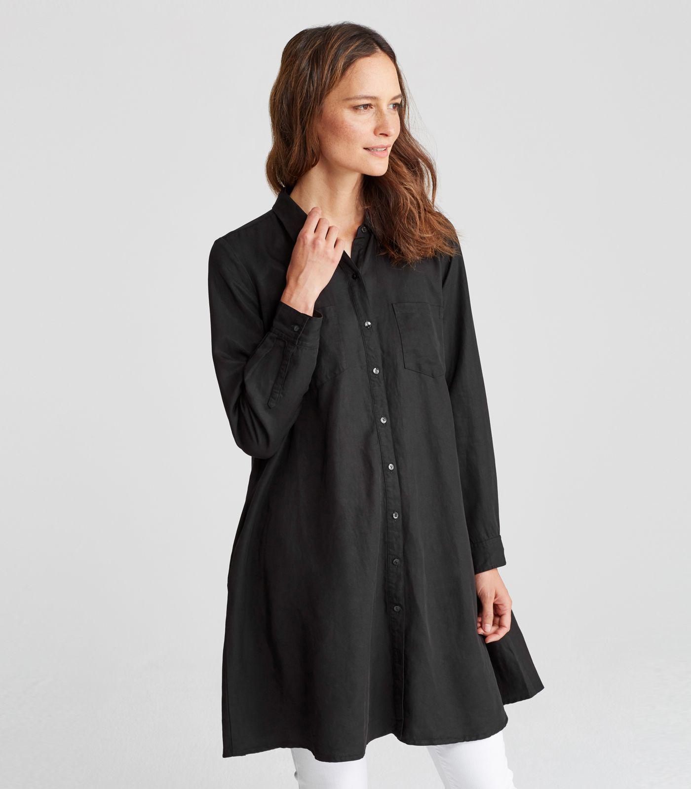 Eileen Fisher Tencel Linen Classic Collar A-line Shirt Dress in Black
