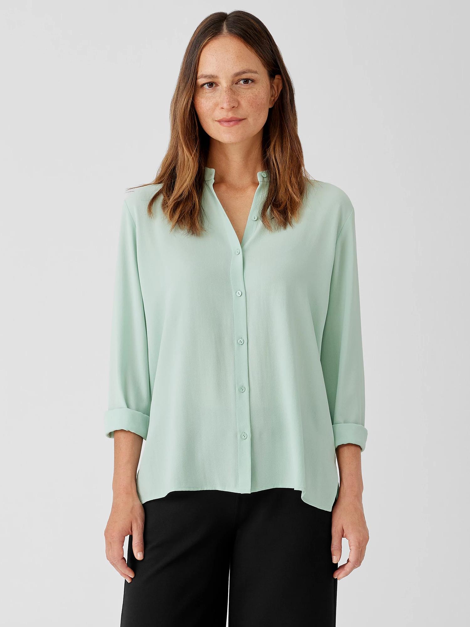 Eileen Fisher Silk Georgette Crepe Mandarin Collar Shirt in Green | Lyst