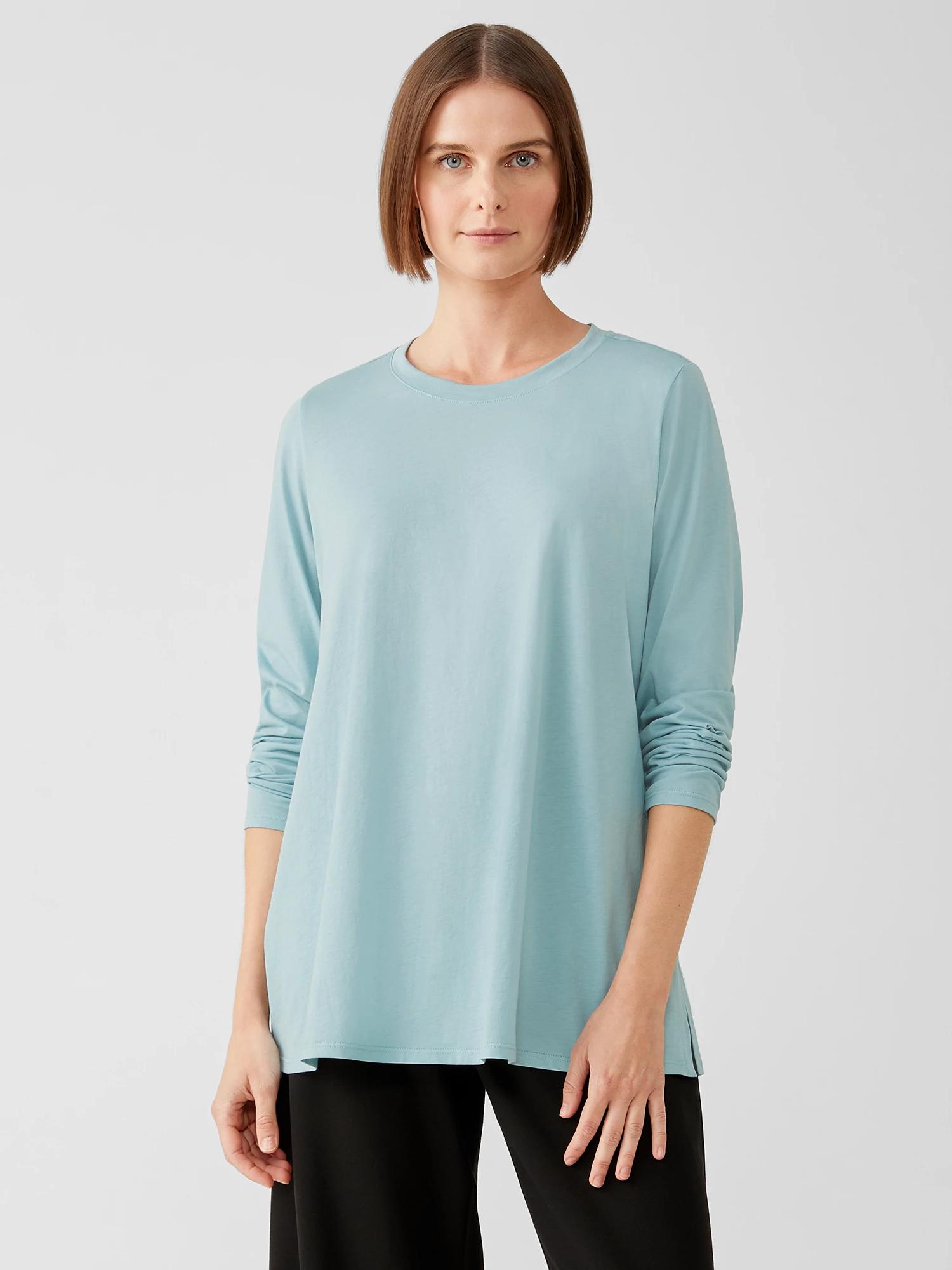 Eileen Fisher Organic Cotton Easy Jersey Crew Neck Top in Blue