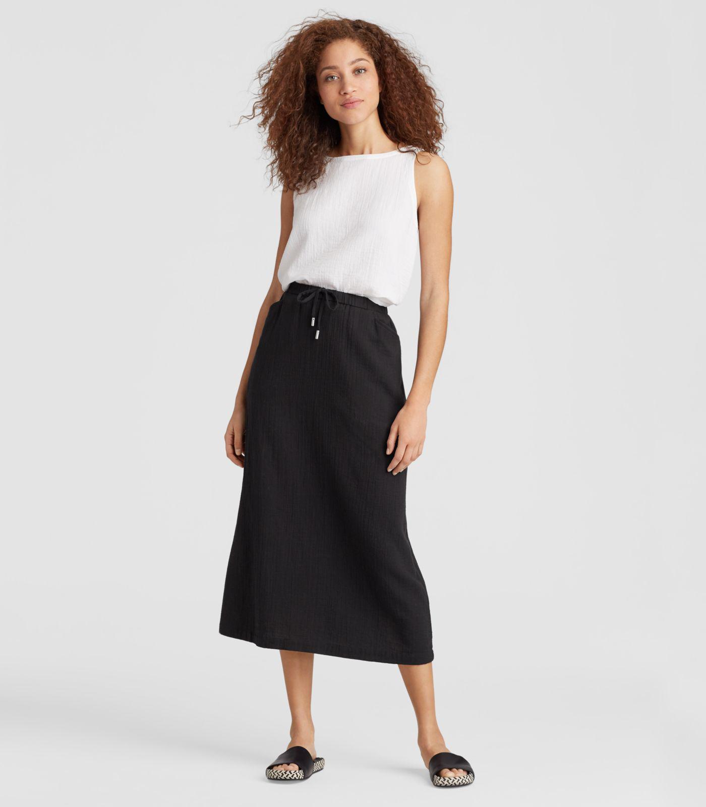Details about   PL Eileen Fisher BLACK Crinkled Organic Cotton Gauze Gathered K/L Skirt  $178