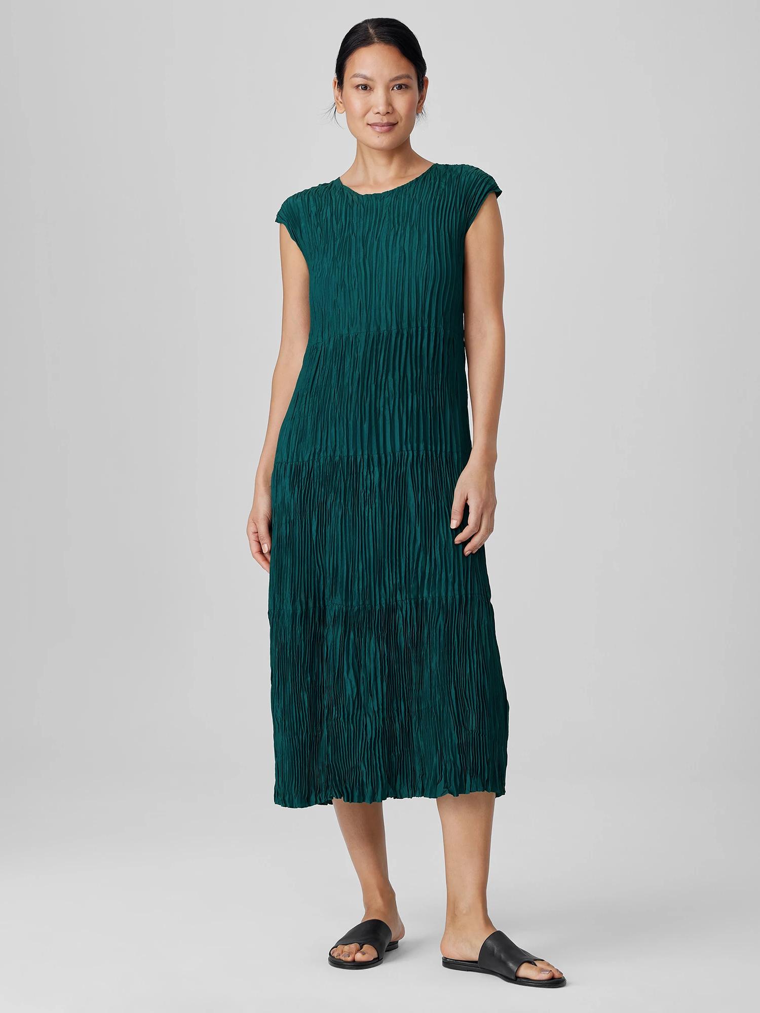 Eileen Fisher Crushed Silk Jewel Neck Tiered Dress in Green | Lyst