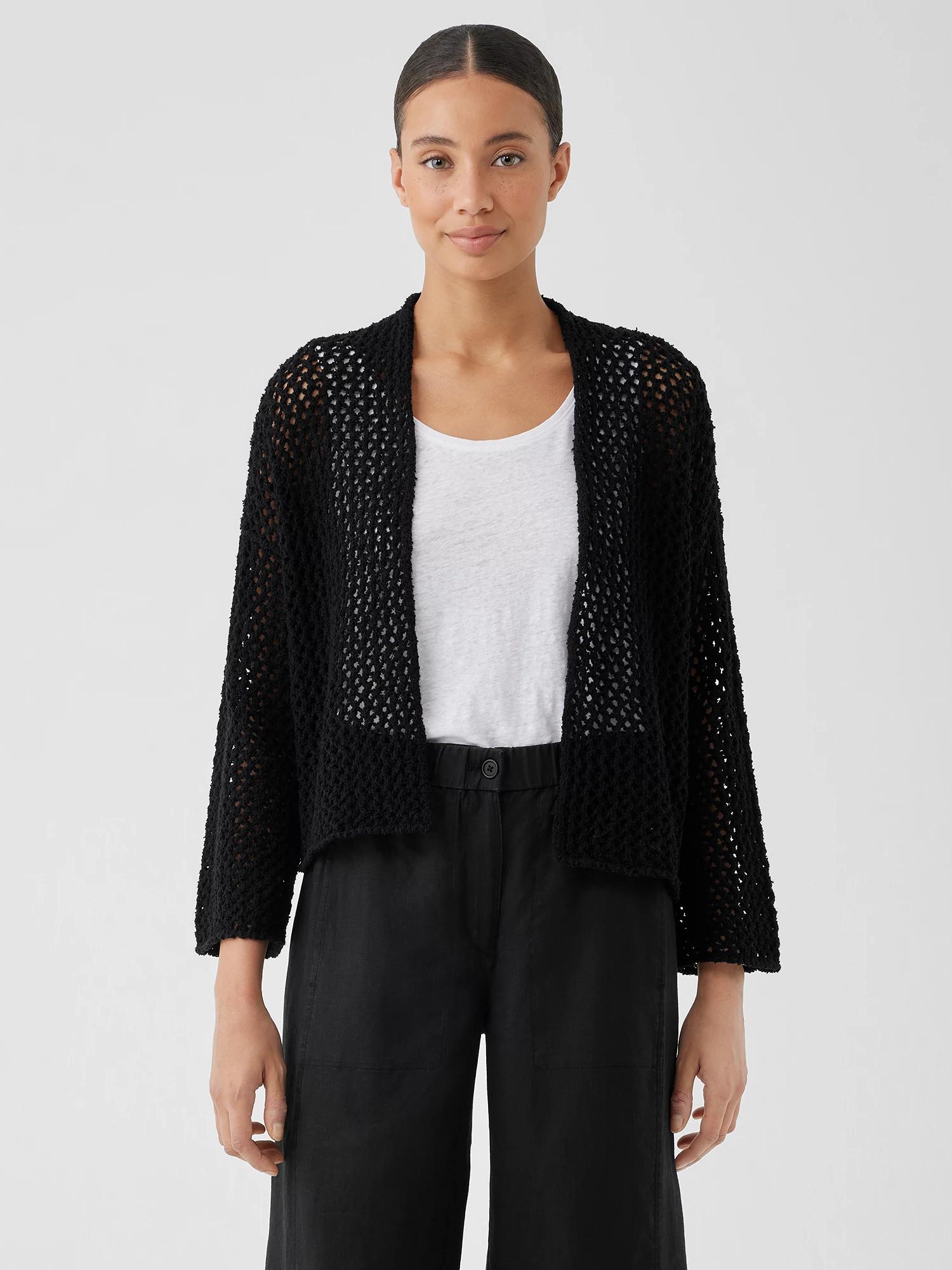 Eileen Fisher Peruvian Organic Cotton Boucle High Collar Cardigan in Gray | Lyst