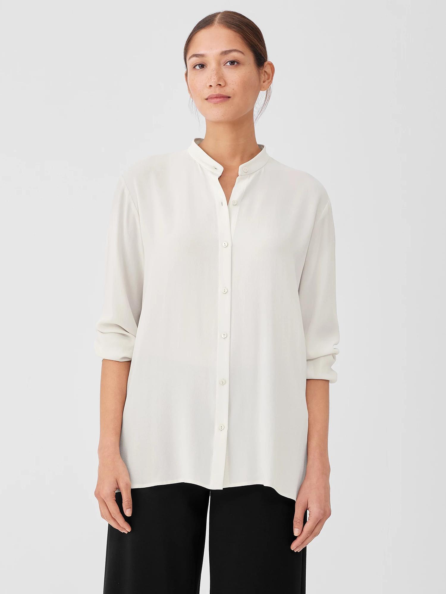 Eileen Fisher Silk Crepe Mandarin Collar Shirt in White Lyst