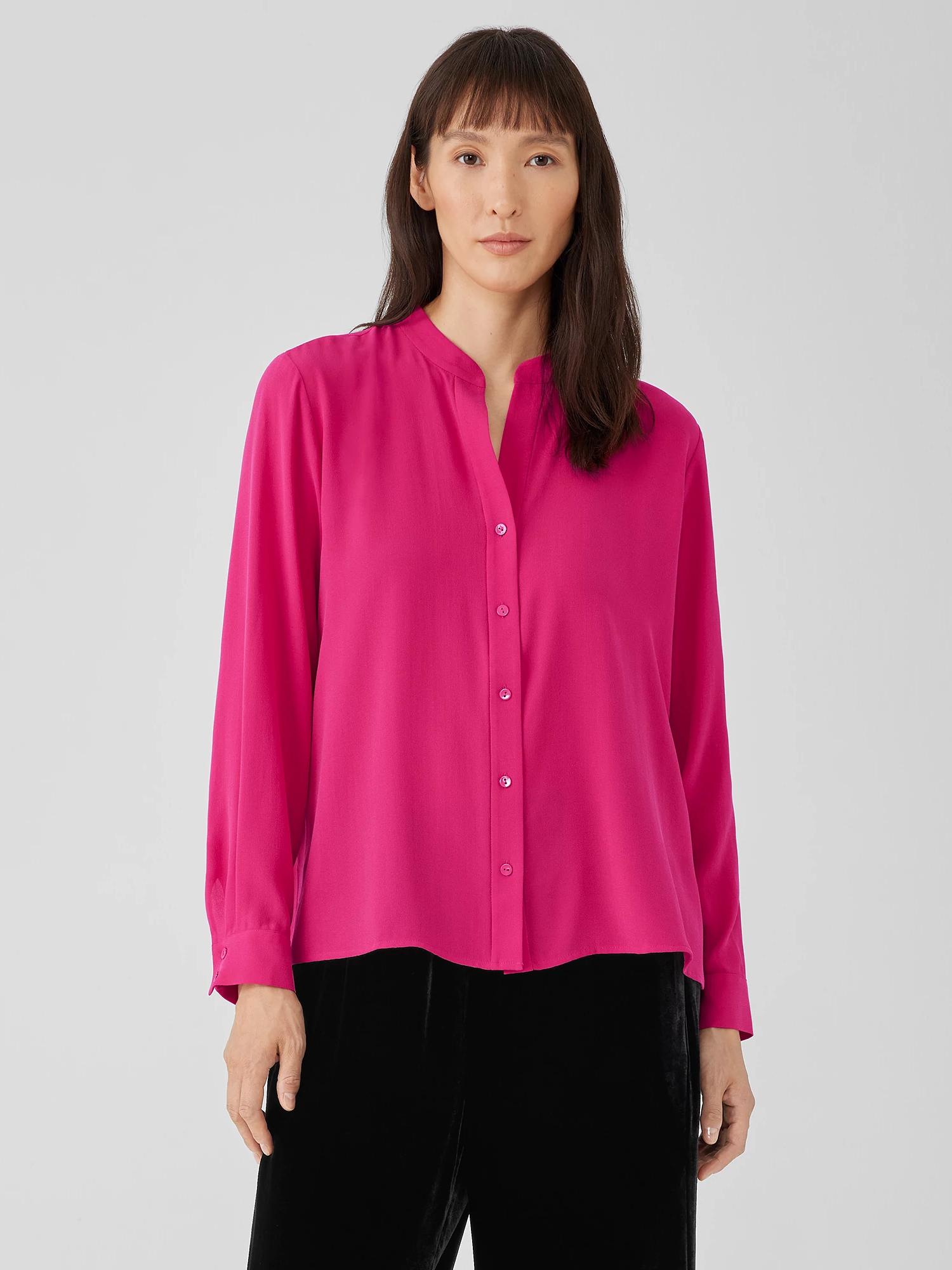 Eileen Fisher Silk Georgette Crepe Shirred-back Shirt in Pink | Lyst