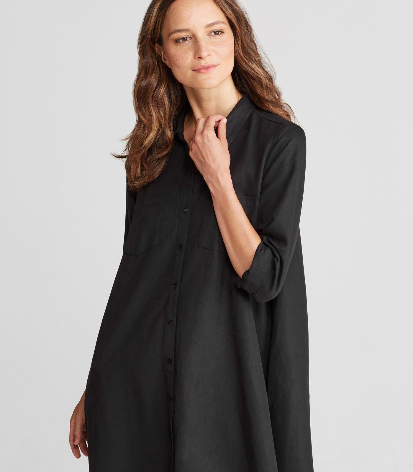 Eileen Fisher Tencel Linen Classic Collar A-line Shirt Dress in Black 