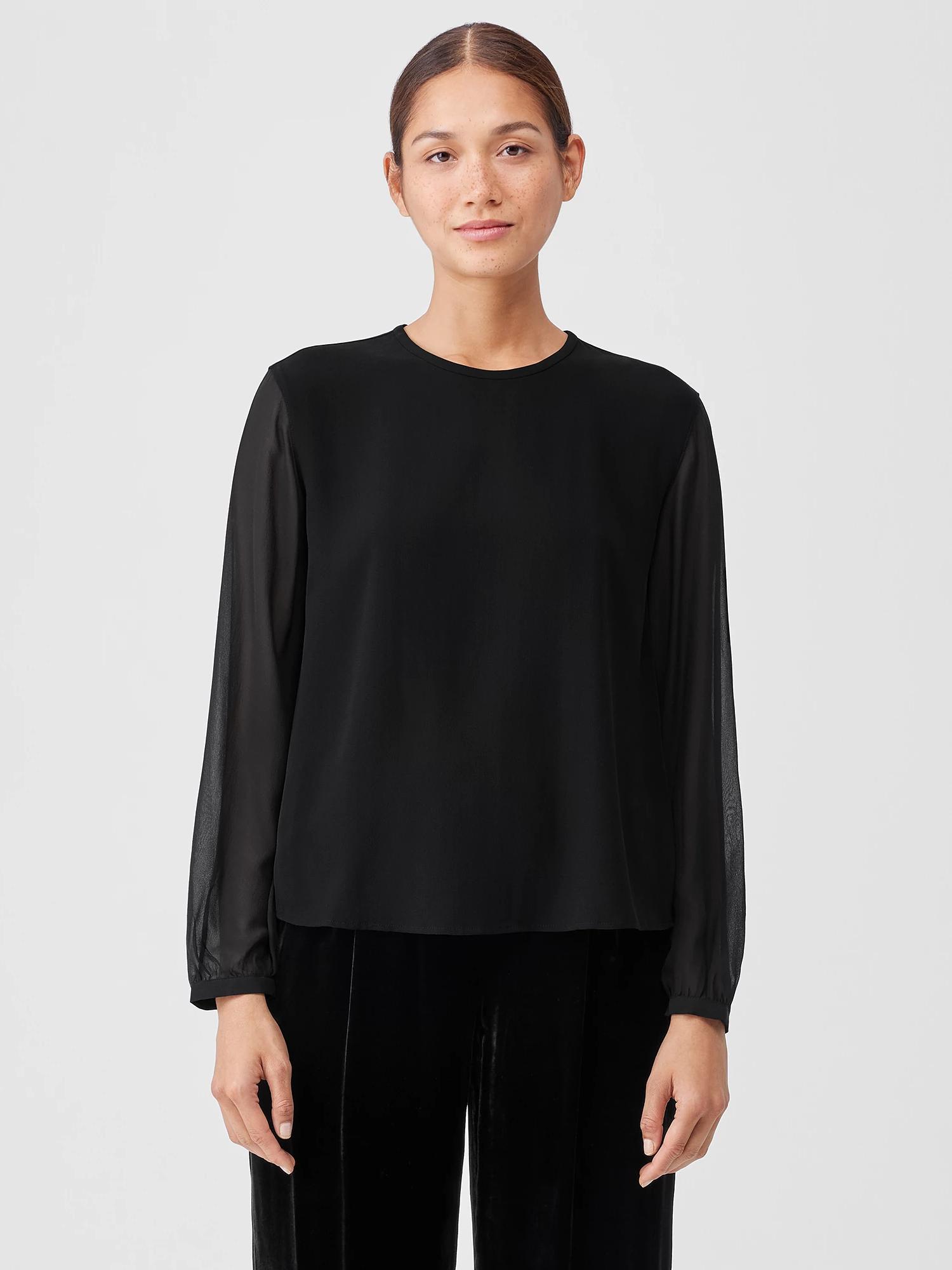 Eileen Fisher Silk Georgette Crepe Top With Sheer Sleeves in Black | Lyst