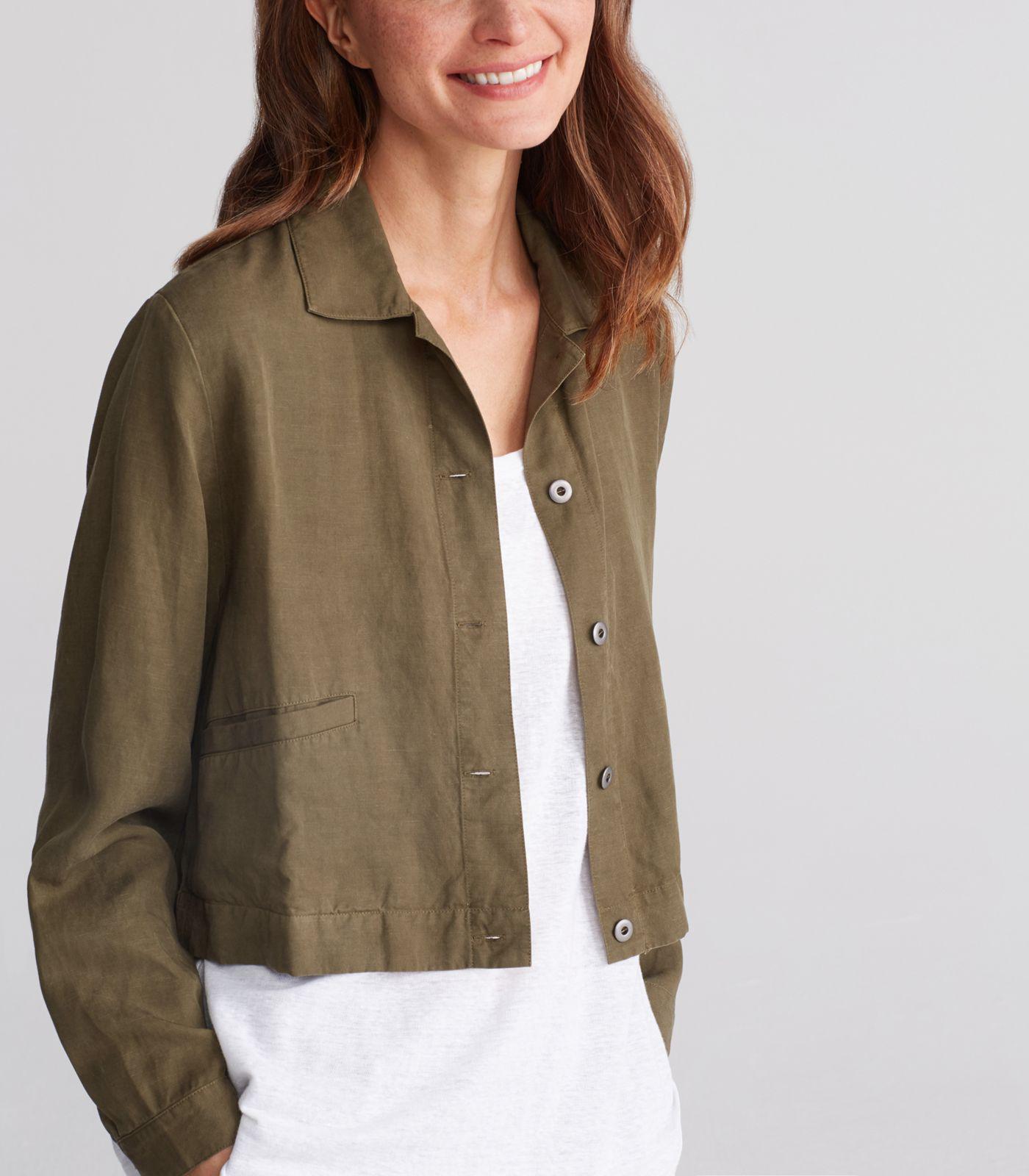 Eileen Fisher Linen Classic Collar Cropped Jacket in Olive (Green) - Lyst