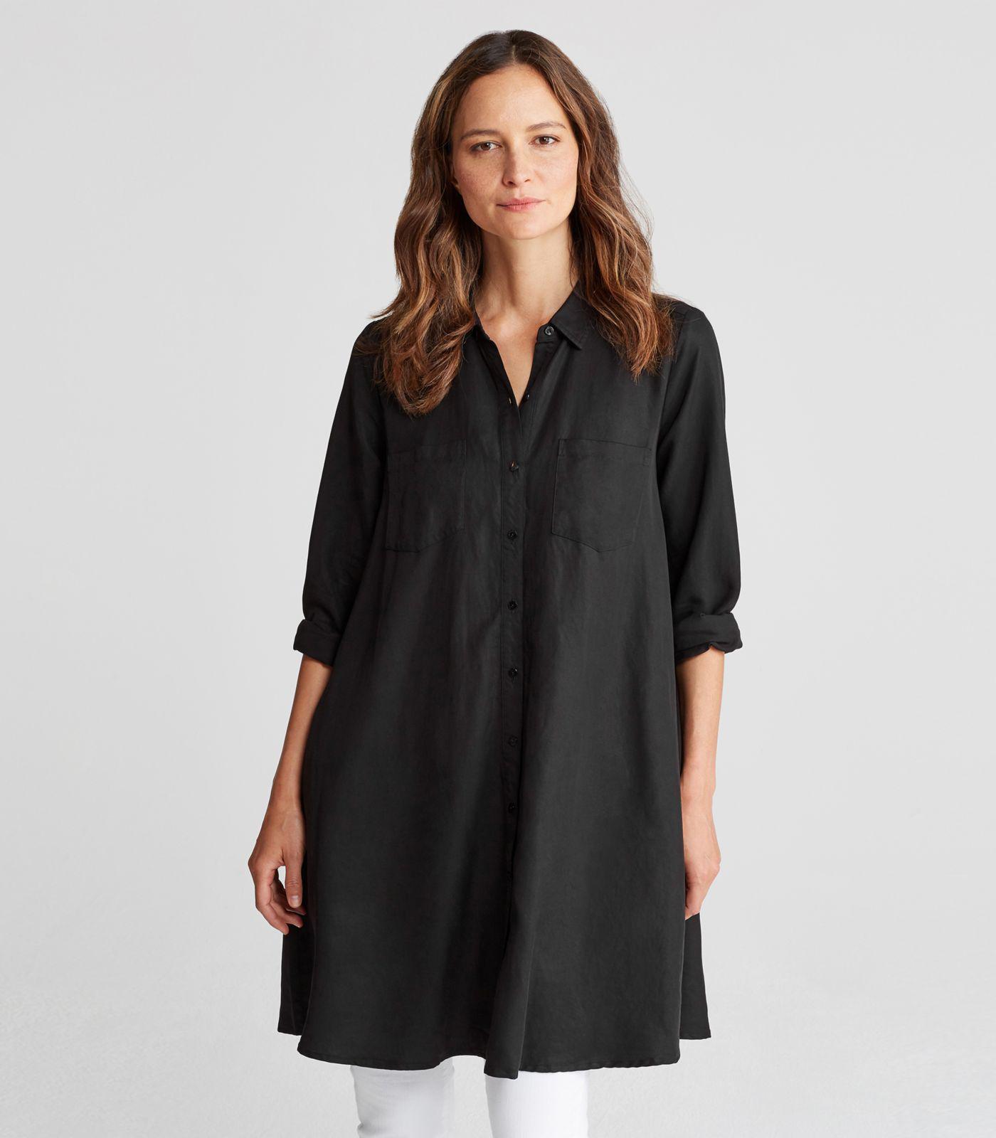 Eileen Fisher Tencel Linen Classic Collar A-line Shirt Dress in Black ...