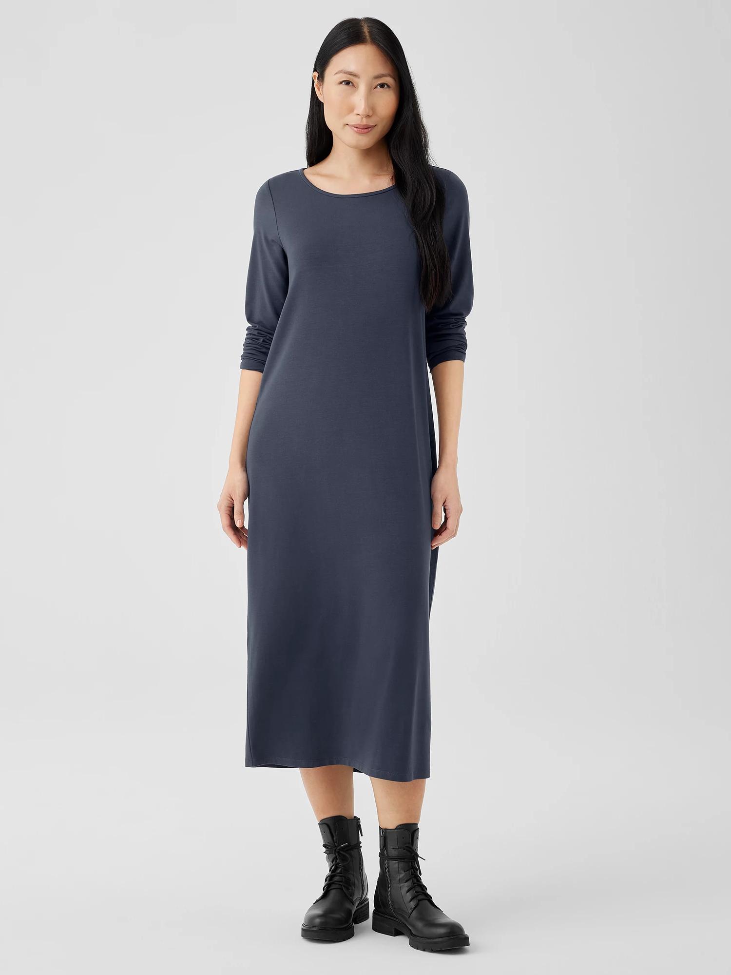 Eileen Fisher Stretch Jersey Knit Jewel Neck Dress in Blue Lyst