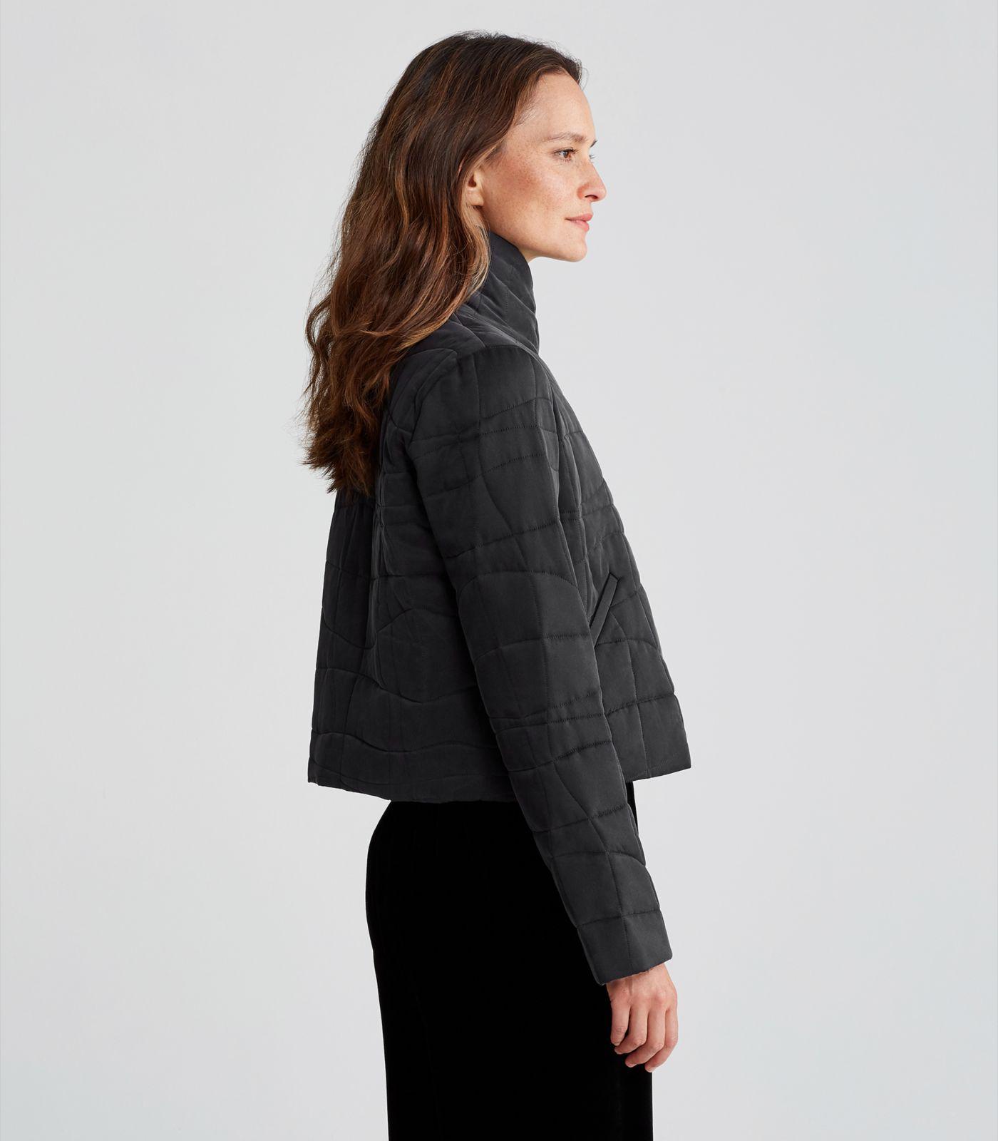 Eileen Fisher Sandwashed Silk Charmeuse Quilted Cropped Jacket in Black ...
