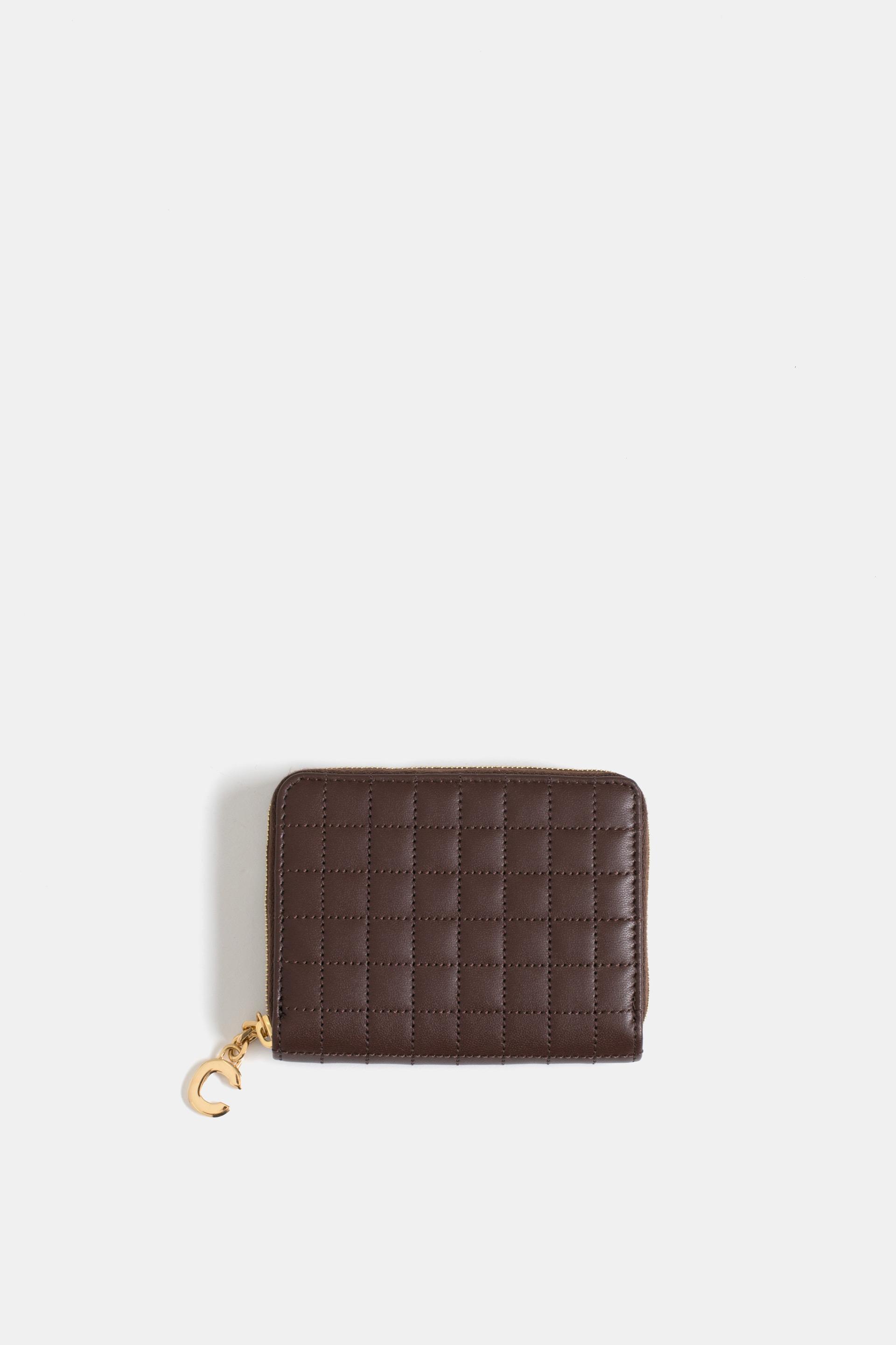Celine Leather C Charm Compact Zipped Quilted Wallet in Brown 
