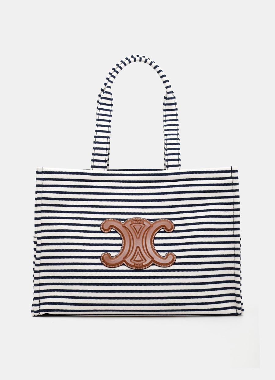 Celine Leather Large Cabas Thais In Striped Textile in Navy (Blue 