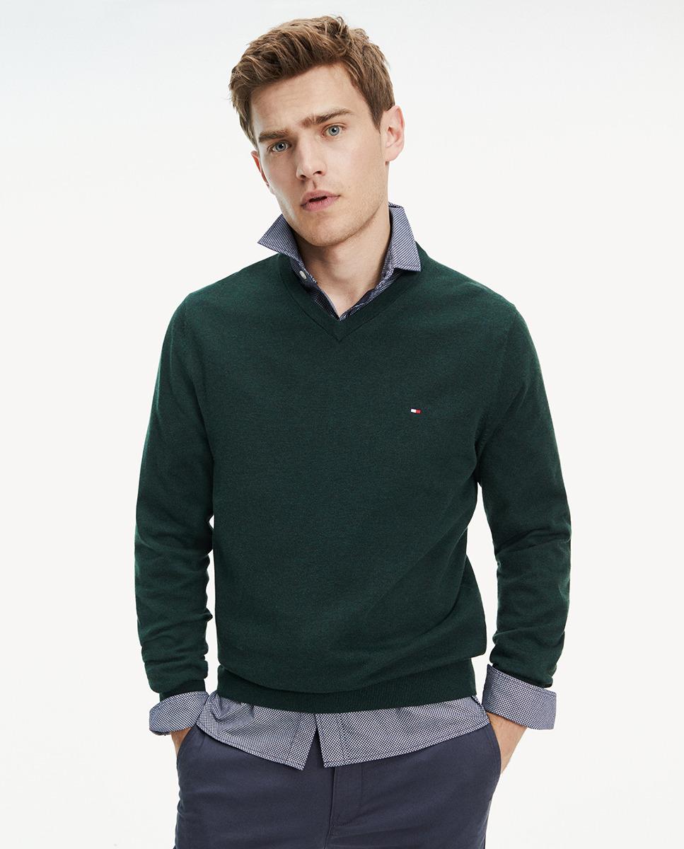 Tommy Hilfiger Cotton Mens Green V-neck Sweater for Men - Lyst