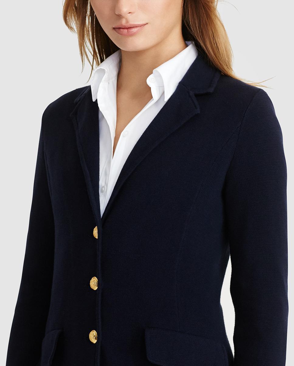 Lauren by Ralph Lauren Cotton Knit Sweater Blazer in Navy Blue (Blue