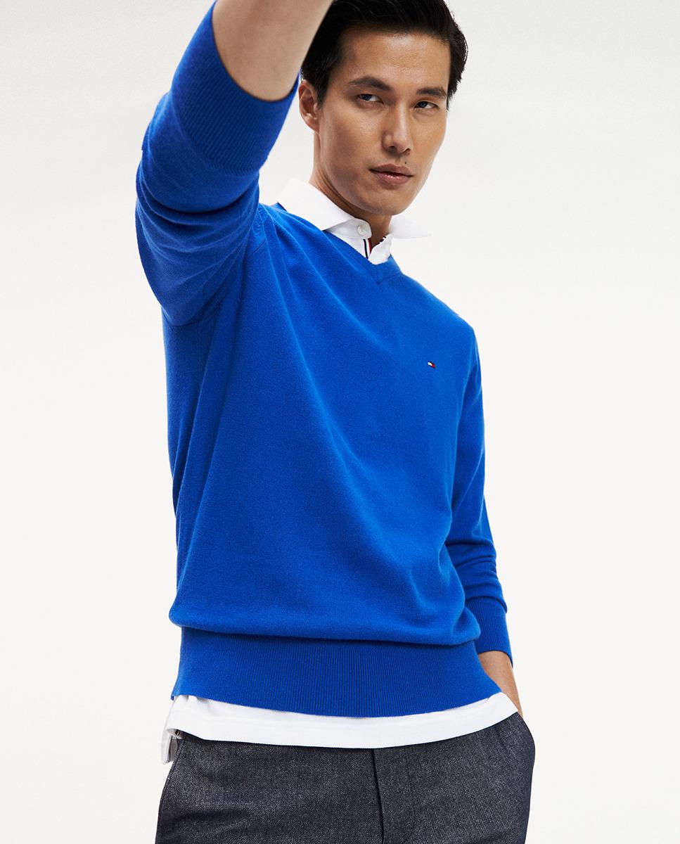 Tommy Hilfiger Cotton Mens Blue Vneck Sweater for Men Lyst