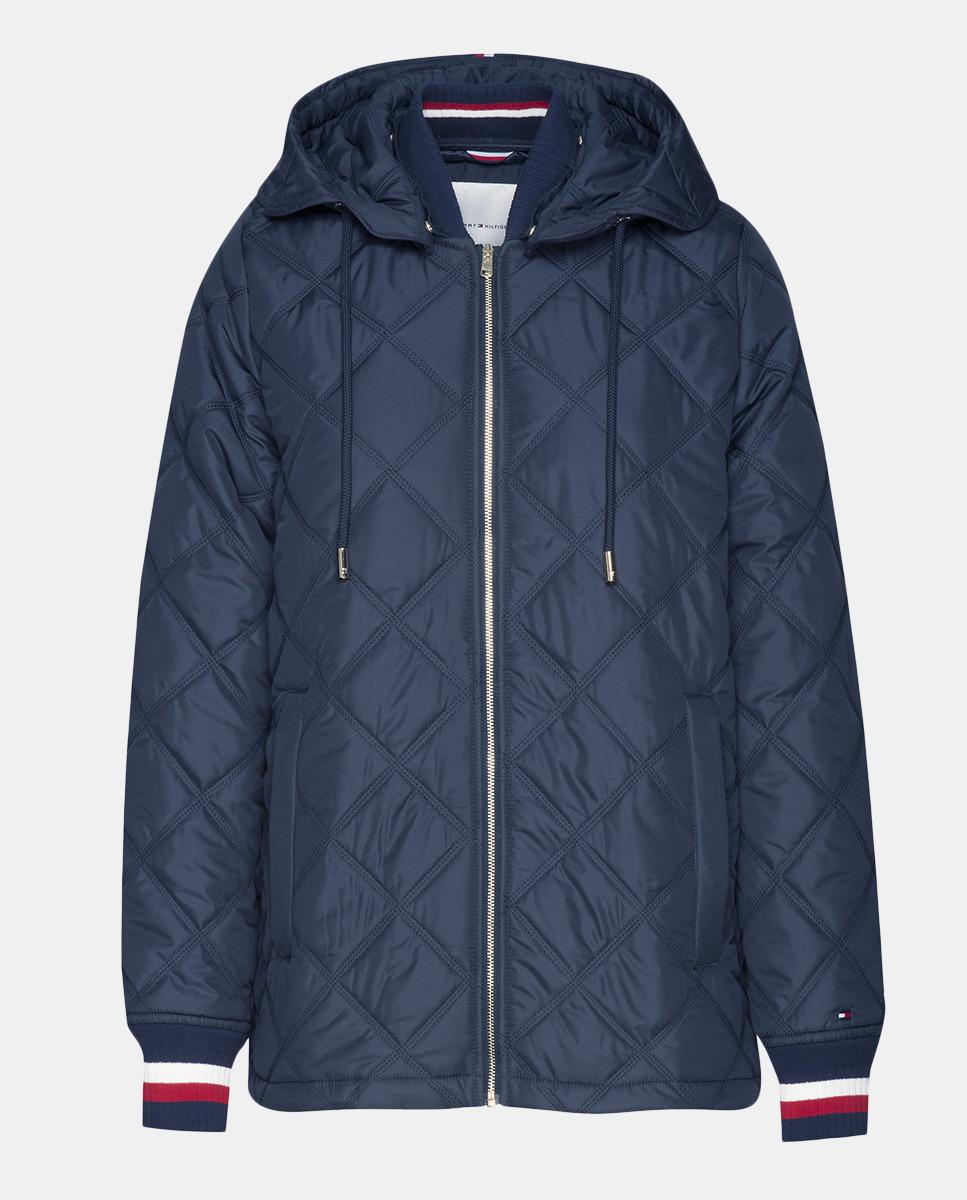 Tommy Hilfiger Synthetic Navy Blue Quilted Coat With Removable Hood Lyst