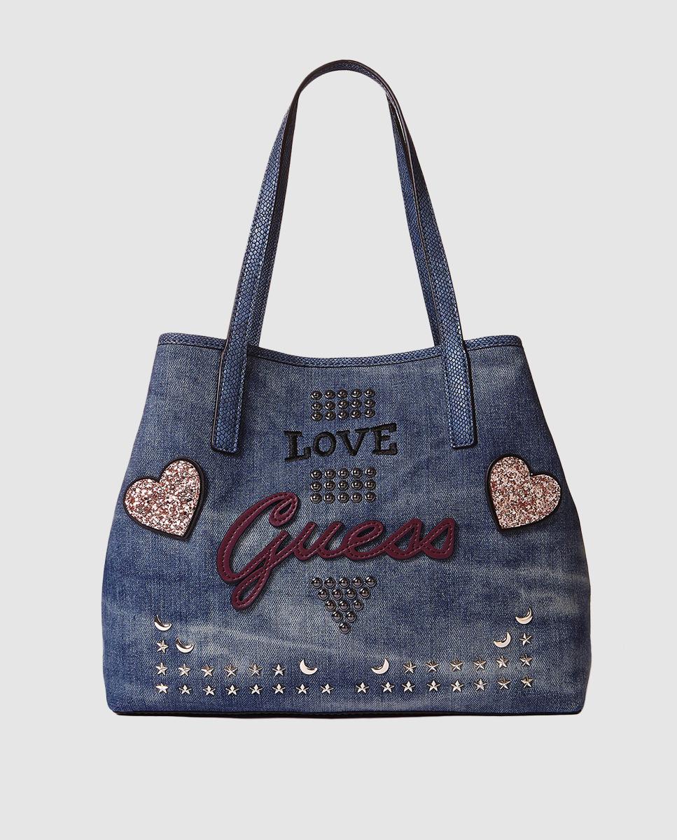 Guess Blue Denim Shoulder Bag With Metallic Studs - Lyst