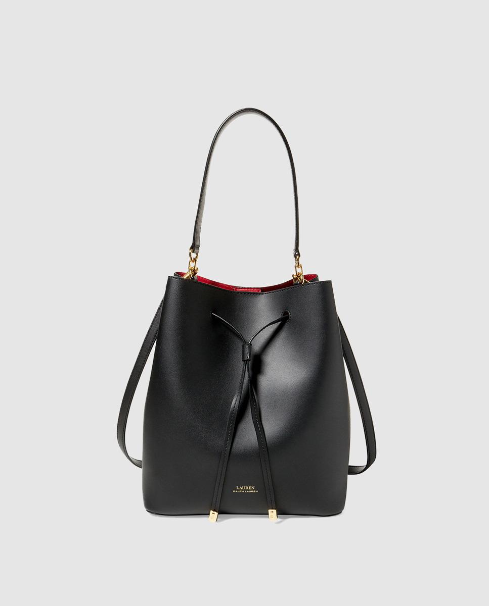 Lauren by Ralph Lauren Black Calfskin Leather Bucket Bag With Red