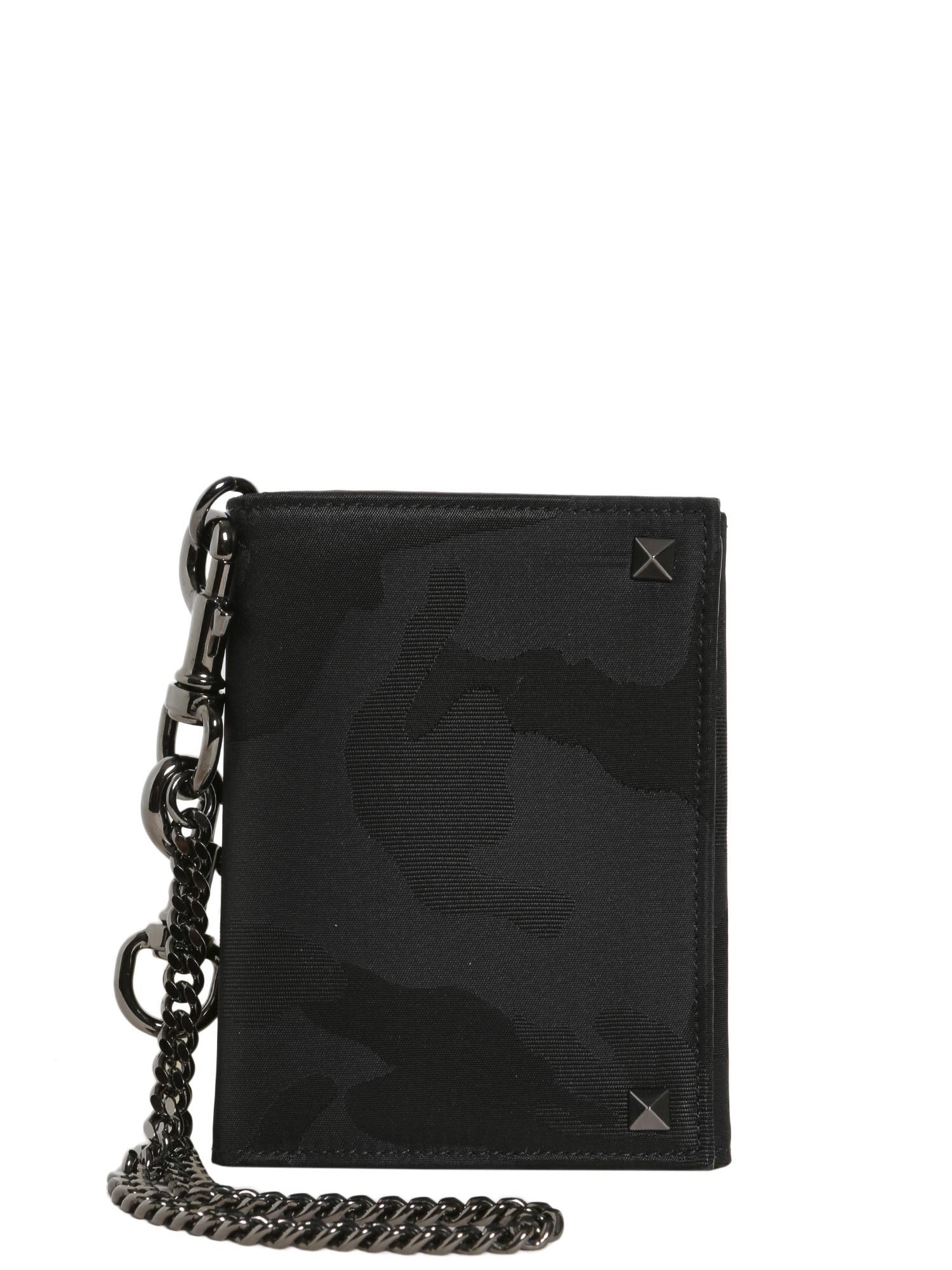 Valentino Leather Biker Wallet With Chain In Black For Men