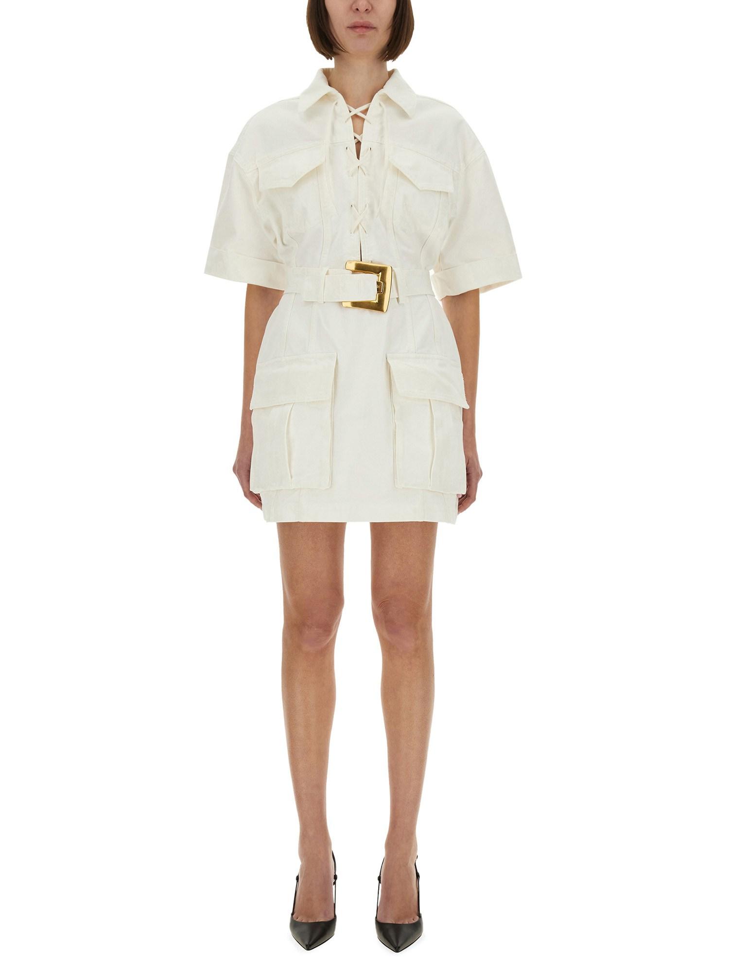 【関税＆送料込み】Balmain Cotton Gabardine Short Dress Short cotton gabardine lace-up dress beige - Women | BALMAIN